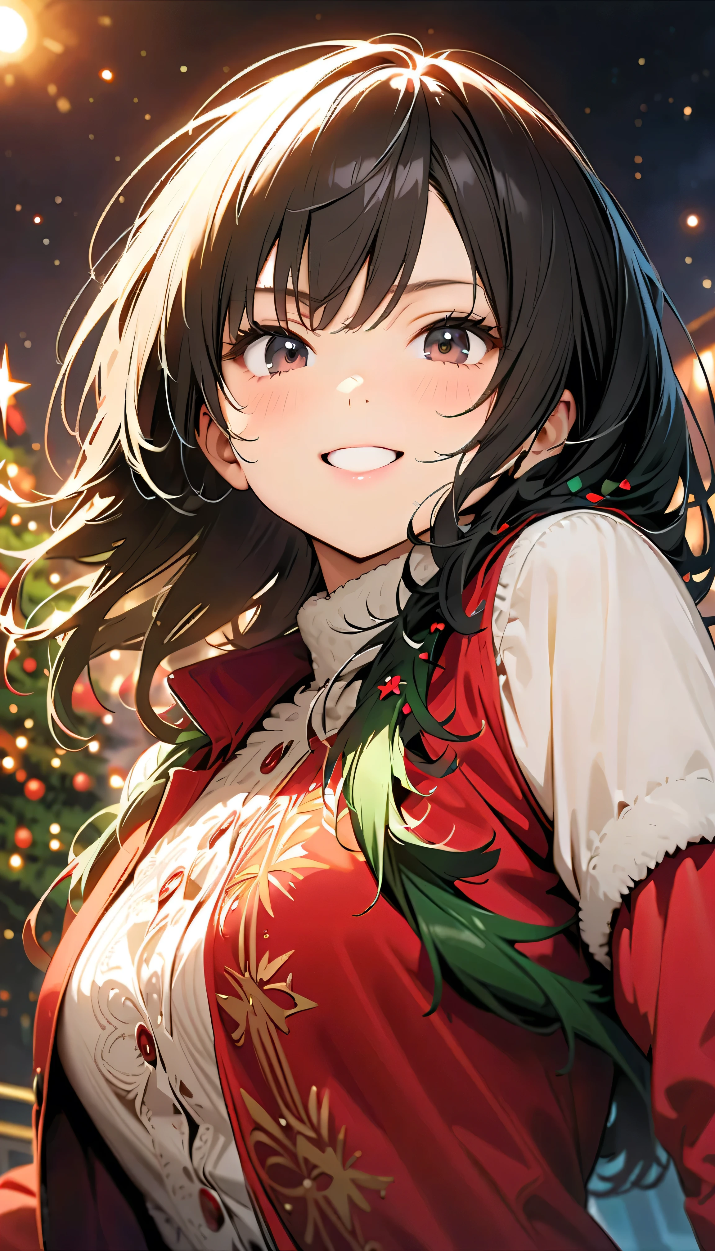 ( top quality:1.2, very detailed bust, Latest, vibrant, Masterpiece :1.2, top quality, best aesthetics) , Face Up Shot, ((( very detailed bust目と顔))), Official Art , 8k Ultra HD, very detailed bust, pop art , Delicate and dynamic, Blurred Background, Beautiful sparkle, Shining World, night view, christmas tree, Christmas Lights, Illumination Fantasy, backlight, one woman, 2.5D, smile, black eyes, black hair, Fluffy Winter Clothes , Get excited, Dynamic Pose , dynamic angle, Realistic