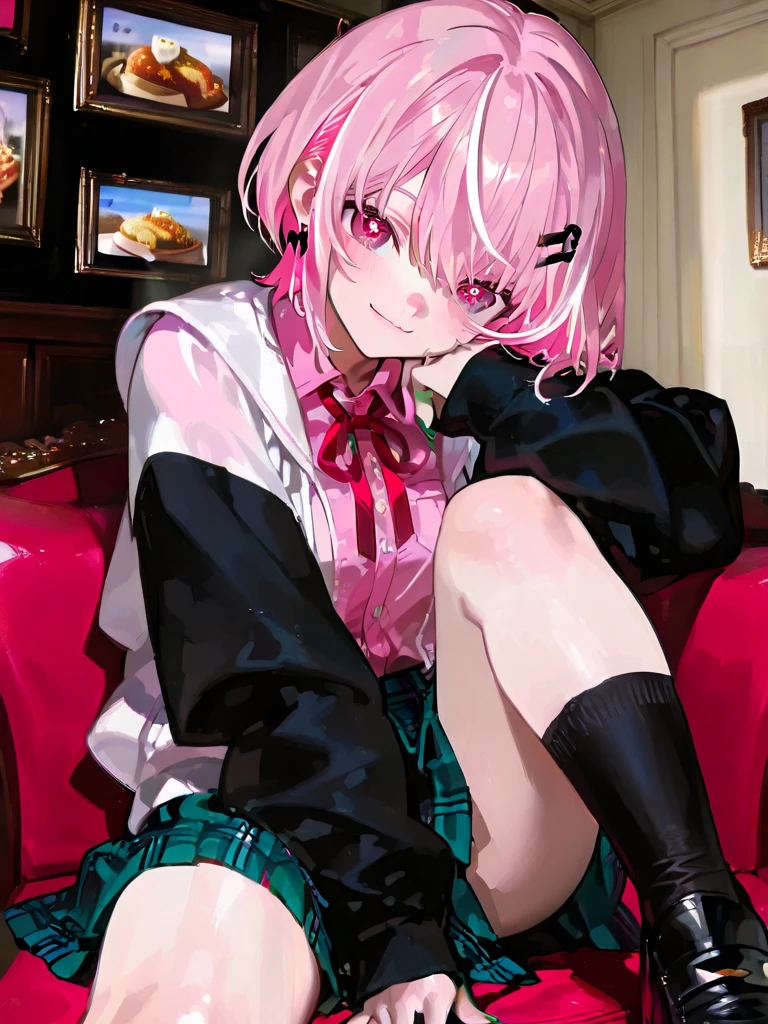            top quality,            top quality,             High-quality images            ,            masterpiece,                     super high res          ,                 detailed background     ,                 absurd,              perfect anatomical performance       ,          good lighting         ,            PHOTO GALLERY         、、SasakiSaku 、    1 girl、       Virtual YouTuber     、     pink hair、 multi-colored hair 、     Shorthair 、 、    pink eye、green claws、   
   hair clip、     earrings for women with first name、    Animal Food     、Panda food    、Food Up、    2 tone jacket  、     white jacket、  black sleeve  、     Long Sleeve     、     colored shirt     、     pink shirt with knee 、    red ribbon tie   、     plaid skirt    、    green skirt     、 Black Socks 、Black shoes、 、  smile、   medium breasts 、 Heart Eye 
