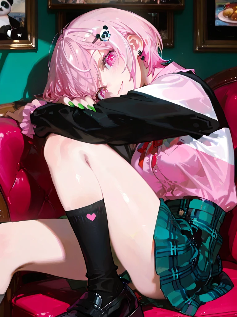            top quality,            top quality,             High-quality images            ,            masterpiece,                     super high res          ,                 detailed background     ,                 absurd,              perfect anatomical performance       ,          good lighting         ,            PHOTO GALLERY         、、SasakiSaku 、    1 girl、       Virtual YouTuber     、     pink hair、 multi-colored hair 、     Shorthair 、 、    pink eye、green claws、   
   hair clip、     earrings for women with first name、    Animal Food     、Panda food    、Food Up、    2 tone jacket  、     white jacket、  black sleeve  、     Long Sleeve     、     colored shirt     、     pink shirt with knee 、    red ribbon tie   、     plaid skirt    、    green skirt     、 Black Socks 、Black shoes、 、  smile、   medium breasts 、 Heart Eye 
