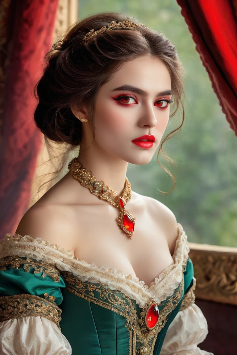 (High resolution,masterpiece:1.2),(Realistic:1.37)Portrait of an 18th century Russian vampire girl of unparalleled beauty. She has captivating red eyes and delicate rosy lips. Long fangs, The portrait is carefully drawn down to the smallest detail., Capture the subtle nuances of her features. She is wearing a beautiful silk gown, Adorned with intricate lace and delicate embroidery. This painting speaks of the luxury of the time., Luxurious velvet curtains and gold furniture in the background. The lighting is soft and diffused, Highlight the girl&#39;s graceful beauty. the colors are vivid and rich, Create compelling visual experiences. This portrait is painted in the classical portrait style., Reminiscent of the works of famous artists of the time. It exudes elegance, Grace, Sophistication. sharp long claws, (Crimson eyes:1.4), Flame-red eyes, (Sharp fangs visible through the gap between his lips:1.8), There is a bite mark on the neck.２There are two holes