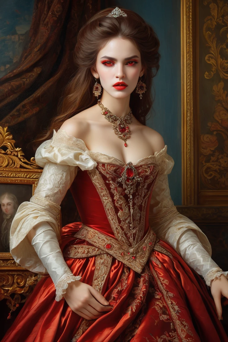 (High resolution,masterpiece:1.2),(Realistic:1.37)Portrait of an 18th century Russian vampire girl of unparalleled beauty. She has captivating red eyes and delicate rosy lips. Long fangs, The portrait is carefully drawn down to the smallest detail., Capture the subtle nuances of her features. She is wearing a beautiful silk gown, Adorned with intricate lace and delicate embroidery. This painting speaks of the luxury of the time., Luxurious velvet curtains and gold furniture in the background. The lighting is soft and diffused, Highlight the girl&#39;s graceful beauty. the colors are vivid and rich, Create compelling visual experiences. This portrait is painted in the classical portrait style., Reminiscent of the works of famous artists of the time. It exudes elegance, Grace, Sophistication. sharp long claws, (Crimson eyes:1.4), Flame-red eyes, (Sharp fangs visible through the gap between his lips:1.8), There is a bite mark on the neck.２There are two holes