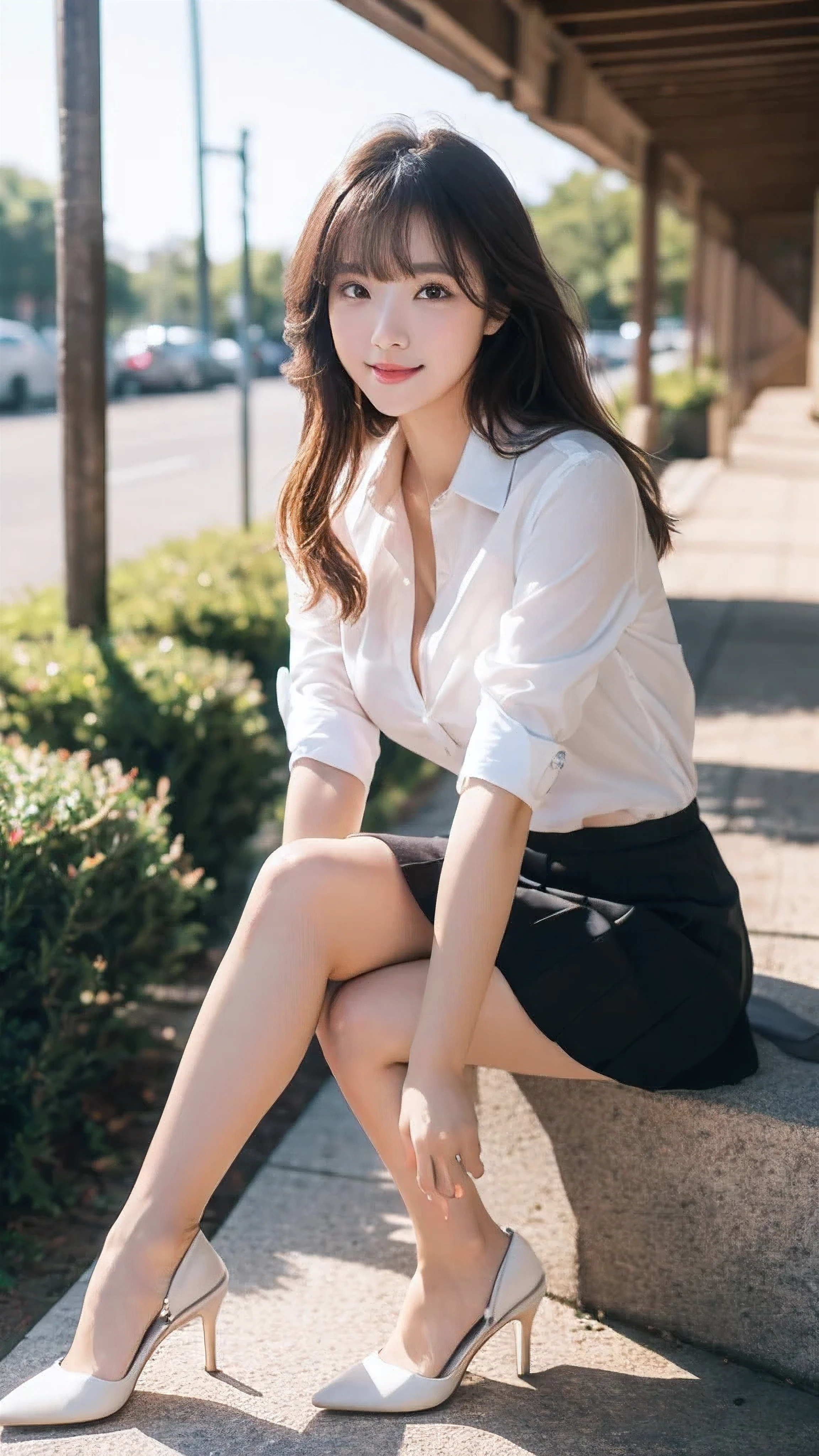 (8K High Resolution), (top-quality), (Raw quality),(masutepiece:1.2), (realisitic), (Photorealistic:1.37), ,Large eyes,long eyeslashes,(Live-action realistic style),The Ultimate Face,realistic light and shadow,Clear facial features,,Fair skin, ),Best portraits,Shooting at close range, 1 rapariga, Cute,Beautiful detailed eyes,highlydetailed skin,(Beautiful face with double eyelids), (Realism: 1.4),((Full body image)) ,Detailed and beautiful face,,Women around 20 years old,(Beautiful Face 1.4),Middle hair,((Japan woman in business suit)),(Make eye contact with your audience),red lipsticks,Limping around the eyes,(Laugh a little),In the tropical jungle,Sit upright on one knee.,The skirt is rolled up.、Panties look perfect..,Pastel colors panties,I love showing my panties to my viewers,Show your panties to your audience,Beautiful face reflected in the light,red lipsticks,Limping around the eyes,Very beautiful feet are attractive,A very bright world