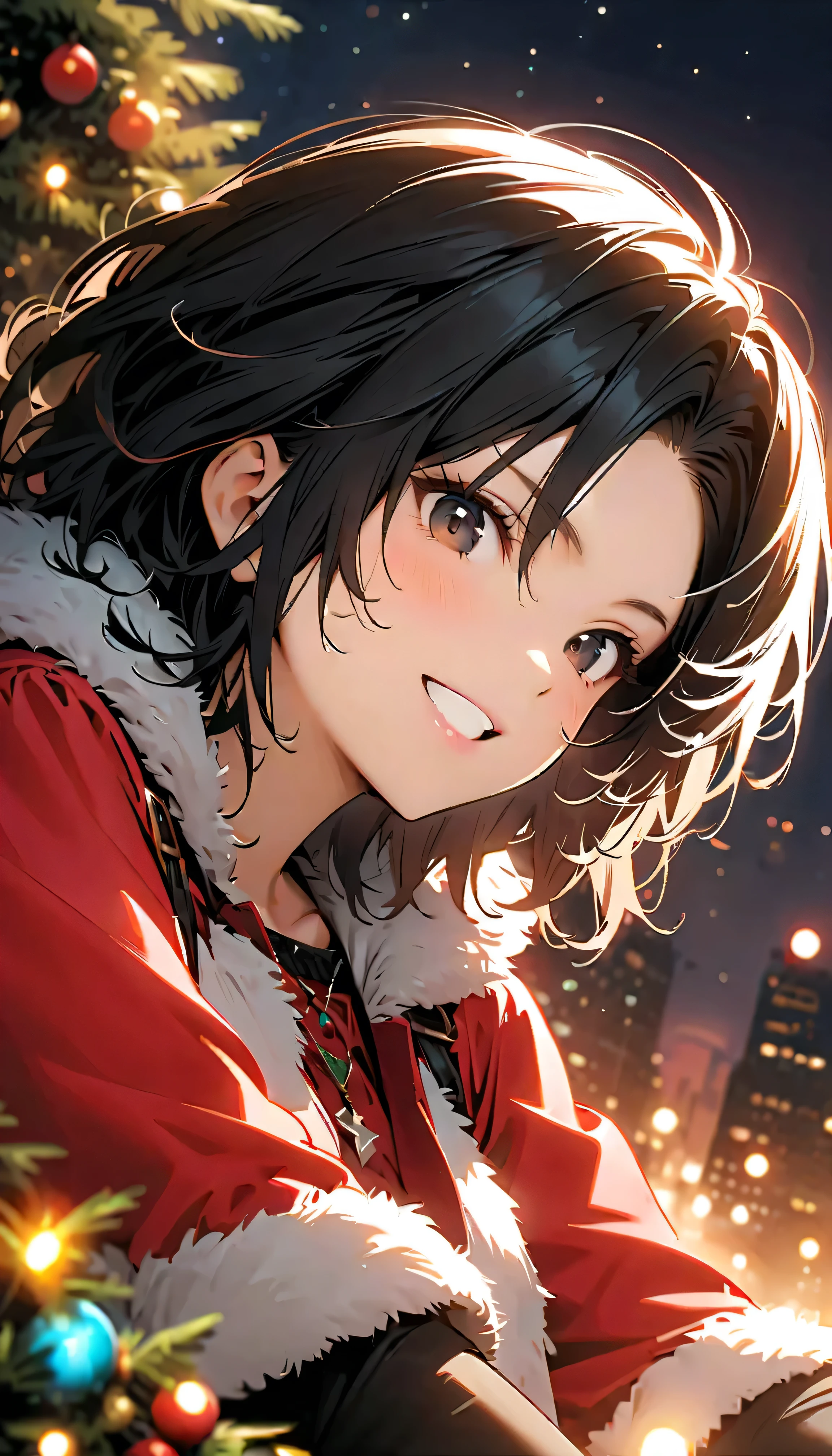 ( top quality:1.2, very detailed bust, Latest, vibrant, Masterpiece :1.2, top quality, best aesthetics) , Face Up Shot, ((( very detailed bust目と顔))), Official Art , 8k Ultra HD, very detailed bust, pop art , Delicate and dynamic, Blurred Background, Beautiful sparkle, Shining World, night view, christmas tree, Christmas Lights, Illumination Fantasy, backlight, one woman, 2.5D, smile, black eyes, black hair, Fluffy Winter Clothes , Get excited, Dynamic Pose , dynamic angle, Realistic