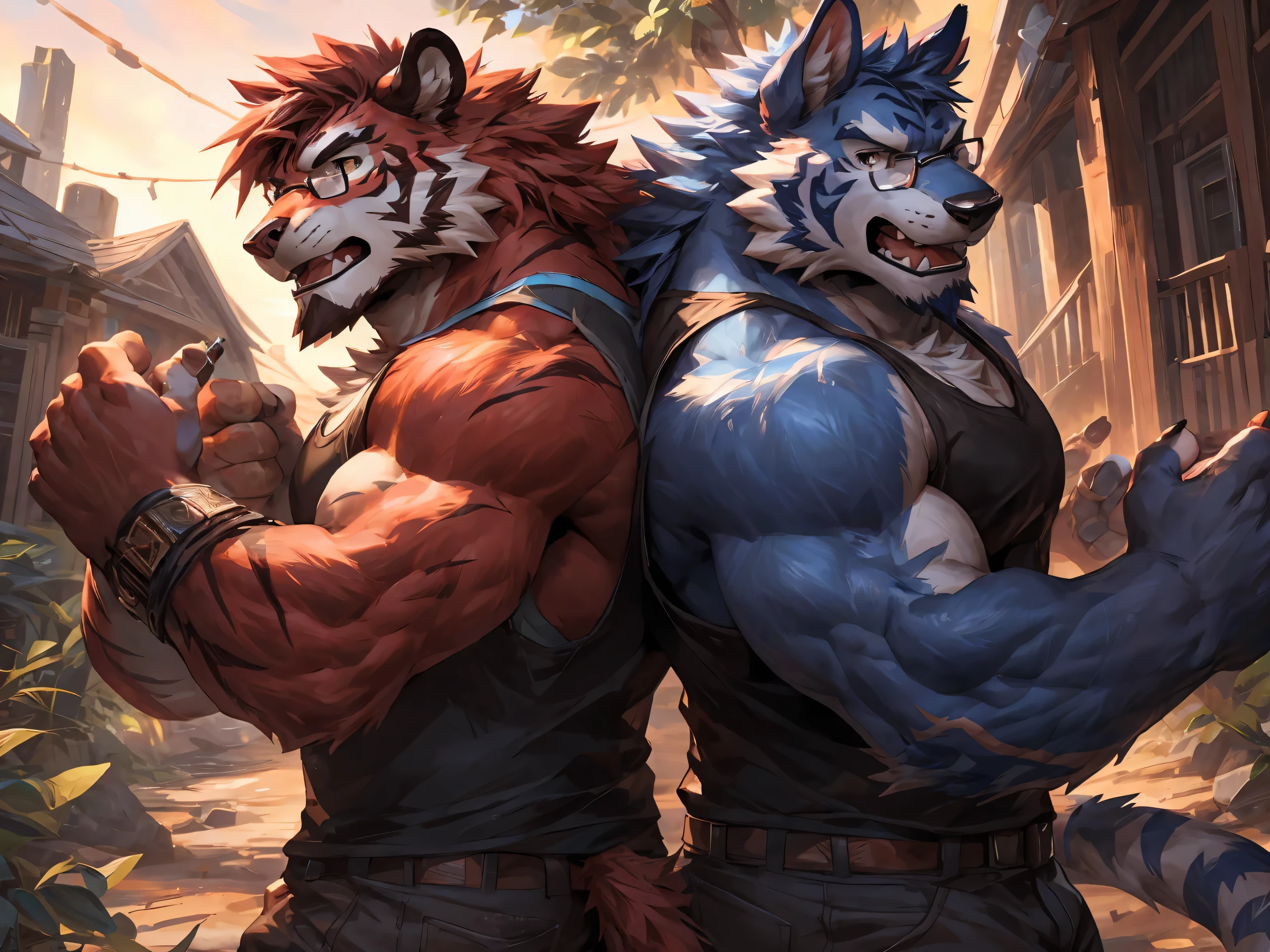 2man, 2boys, duo, two huge muscular furry sitting together, sitting in bench, size different, smile, park, male focus, muscular, shorts, shirtless, (4k,high quality,high resolution,masterpiece),cartoon,by lindong,(extremely detailed face and body,hyperrealistic rendering,dynamic poses,cinematic lighting,vibrant colors)
