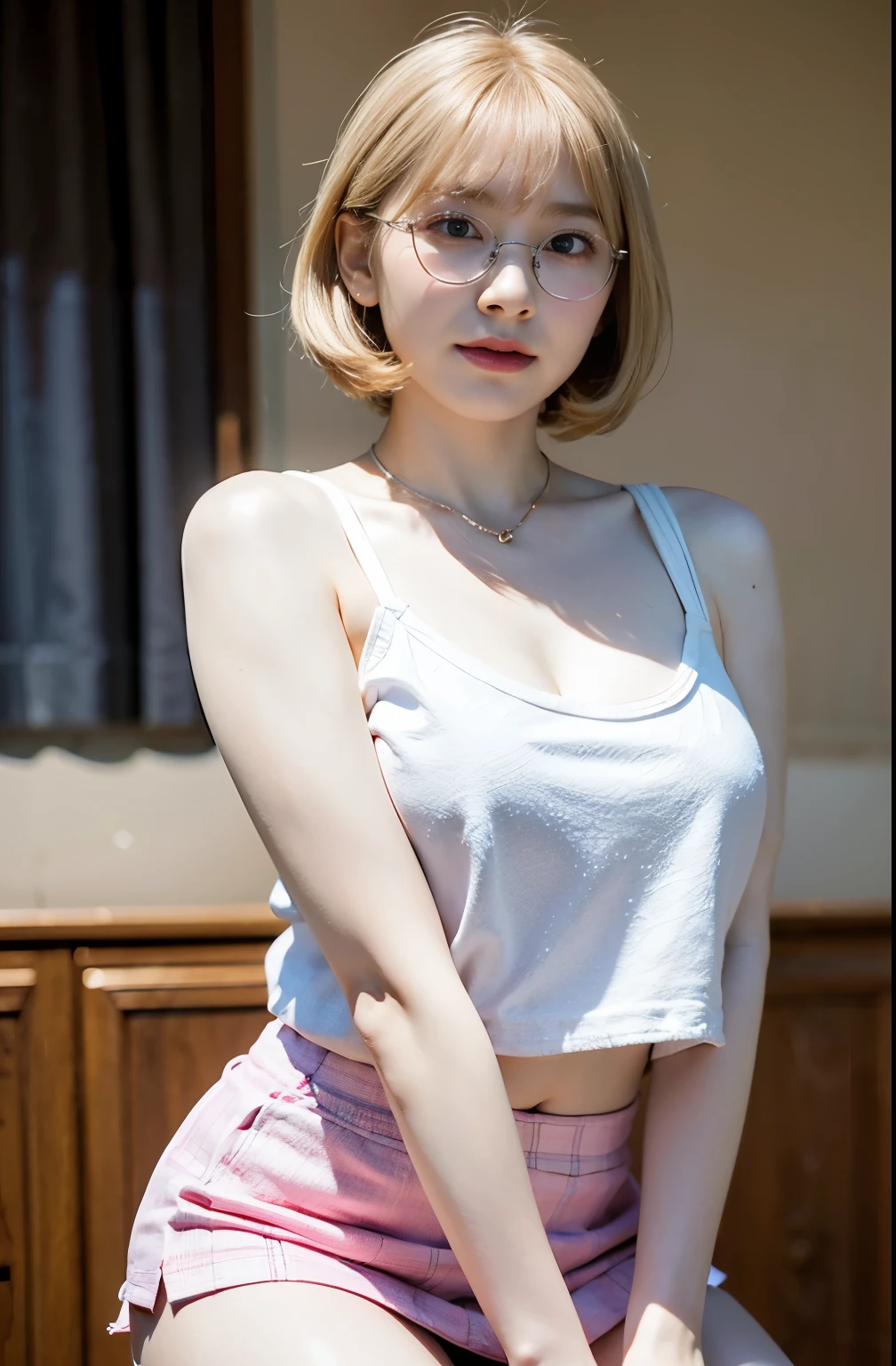 extremely highly detailed、masterpiece、Top Quality、超High Resolution A、8K high-definition、Photogenic clarity、A detailed eye、gradation、perfect anatomy body proportions, hard disk、NSFW , nikon z9 80mm lens, masutepiece、Model Standing、Light panties made of lace material、malocclusion of teeth, White tight t-shirt, The dress is made of lace material, Show me all the panties, The skirt is definitely worn、Lift skirt hem、panties focus、Natural light that is too bright、sunshine、Detail lace panty pattern、black thong、While standing, Lift the skirt and show the panties to the camera、Beautiful alignment 、Lift your skirt big 、Show your panties to the camera、1girl,Japanese,22 years old,((Slender body:1.4)),(large breasts),large hip,hairy pussy,camel toe,((blonde hair,very short messy bobcut)),((Oval Black cell frame glasses)),((wet skin:1.1)),((wet hair:1.1)), sunburn tanlines,tanned skin,