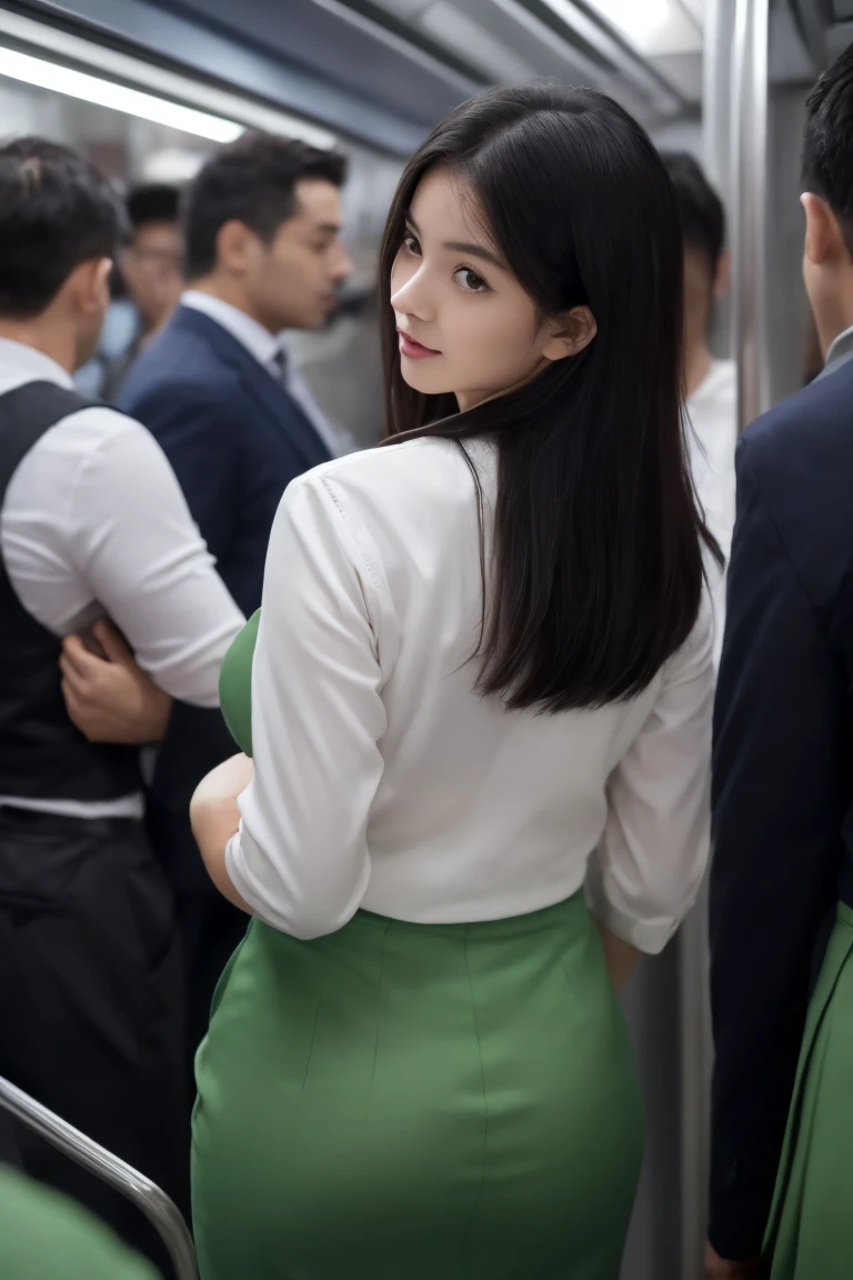 (( white shirt))、 ((green skirt))、 ((office lady uniform ))、 J-cup large breasts、Beautifully shaped breasts、slender、 Outstanding Style 、Tight tops、Open chest、Emphasizes the fullness of the chest、Cleavage、Beautifully shaped breasts 、Open chest、Breast enlargement、((masterpiece))、((highest quality))、photograph、reality、High level image quality、Advanced depth of field、realistic lighting、secretary、25years old、(( Surrounded by many men on a crowded train ))、 ((((Man's palm is touching his butt 、 Man's palm is touching his chest ))))、 (((( Being molested on a train ))))、 Reluctant、 Embarrassing 、((angle from below))、((back style))、(( Being hugged from behind by a man and his chest is rubbed))