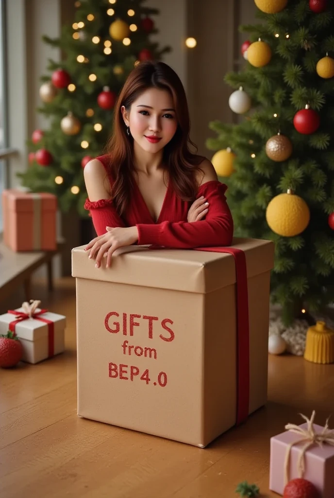 Lisamy, Lisamy inside a largest Christmas gift box, Christmas tree, Christmas gift box, whole body inside the gift box, face up from box, on the box is engraved with the words "GIFTS FROM BEP4.0"