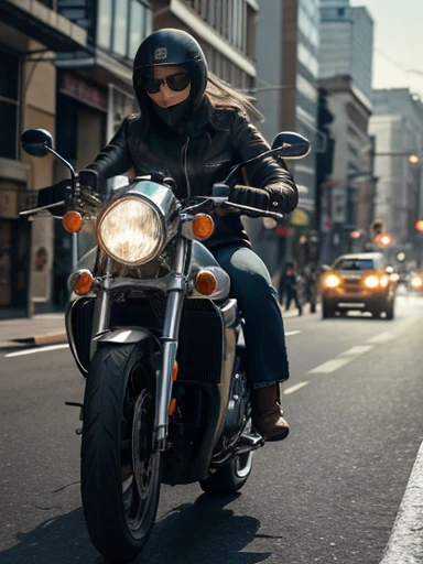 A scene of a classic motorcycle driving through the city. The rider is a woman wearing a leather jacket and jeans, captured as she rounds a corner. Motion blur is applied, revealing speed lines. The image is shot from a frontal perspective, emphasizing the motorcycle's power and sense of speed. In the background, city buildings and traffic can be seen, creating a bustling city atmosphere. Light reflects off the metal parts of the motorcycle, creating a visually striking scene. High-resolution digital art with crisp detail, ((masterpiece)), ((best quality)), (ultra-detailed), ((beautiful eyes)), Japanese female, (slender:1.2), ((30 years old)), beautiful,