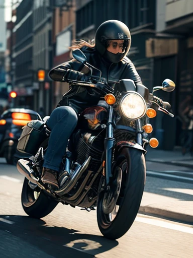 A scene of a classic motorcycle driving through the city. The rider is a woman wearing a leather jacket and jeans, captured as she rounds a corner. Motion blur is applied, revealing speed lines. The image is shot from a frontal perspective, emphasizing the motorcycle's power and sense of speed. In the background, city buildings and traffic can be seen, creating a bustling city atmosphere. Light reflects off the metal parts of the motorcycle, creating a visually striking scene. High-resolution digital art with crisp detail, ((masterpiece)), ((best quality)), (ultra-detailed), ((beautiful eyes)), Japanese female, (slender:1.2), ((30 years old)), beautiful,