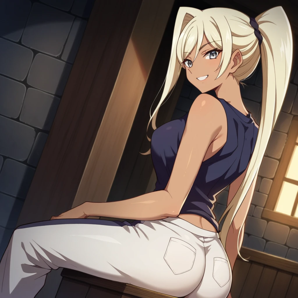 score_9, score_8_front, score_7_front, White Background 
kuroinuchloe, chloe, long hair, blonde hair, dark skin, dark-skinned female, Gray eyes, hair up, front angle, sleeveless t-shirt, two-tone hair, black and blonde
White_t-shirt, bewitching thighs, baggy pants
indoors, dungeon, growing breast, sit wall
looking at viewer, cowboy shot, dutch angle, solo, smile, all four posición, ass, back, 