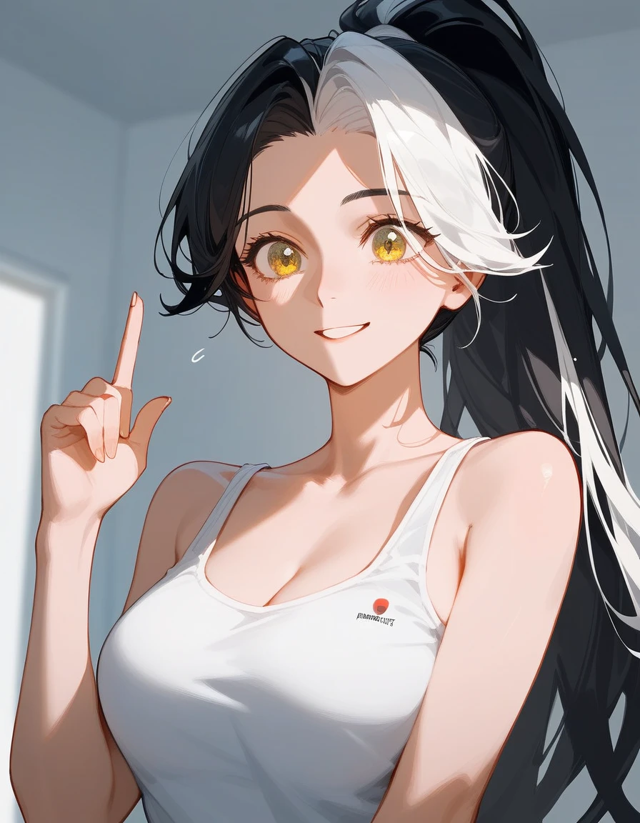 girl,Light white hair ,Multi-colored hair, black hair, in yellow eyes,milf,thin,Patient ,Exhaustion ,beautiful,ผู้Patient , Medium Bust,cute,Long hair, white tank top,afraid,smile, Ponytail,Patient , dark edges,Fever ,On the bed,daul finger gun post 