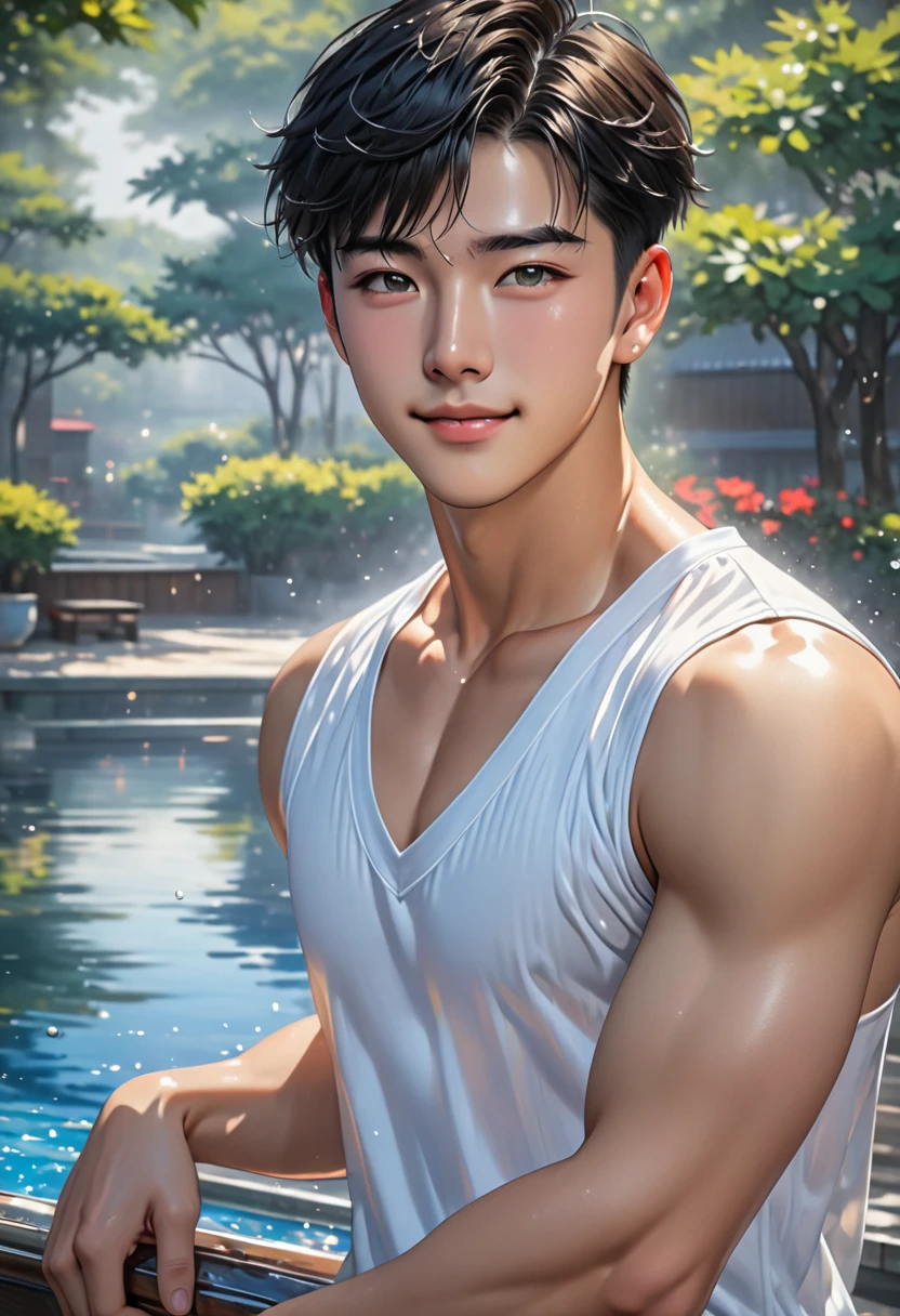 Pure, clean, laughing, high school boy, realistic, realistic, abs, beach