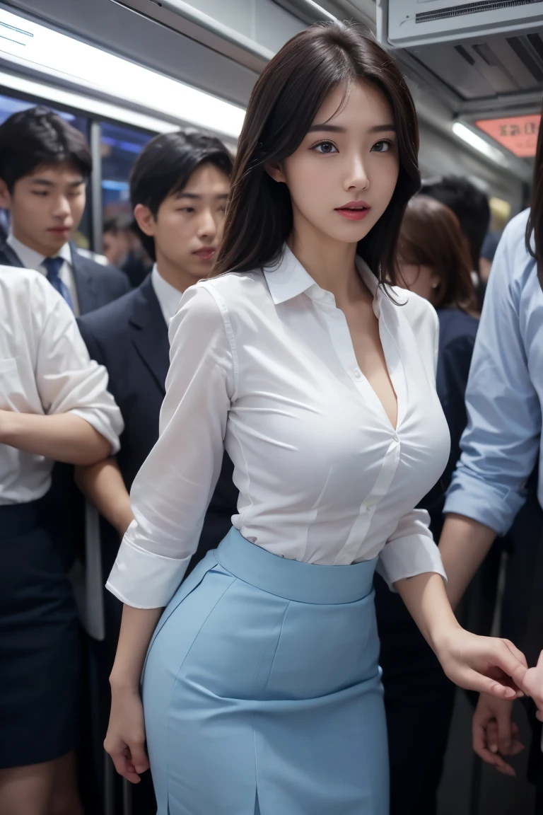 (( white shirt))、 (( light blue skirt ))、 ((office lady uniform ))、 J-cup large breasts、Beautifully shaped breasts、slender、 Outstanding Style 、Tight tops、Open chest、Emphasizes the fullness of the chest、Cleavage、Beautifully shaped breasts 、Open chest、Breast enlargement、((masterpiece))、((highest quality))、photograph、reality、High level image quality、Advanced depth of field、realistic lighting、secretary、25years old、(( Surrounded by many men on a crowded train ))、 ((((Man's palm is touching his butt 、 Man's palm is touching his chest ))))、 (((( Being molested on a train ))))、 Reluctant、 Embarrassing 、((angle from below))、((back style))、(( Being hugged from behind by a man and his chest is rubbed))