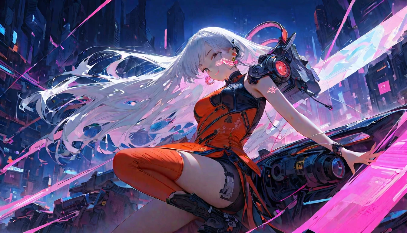 appearence a 13 years old teenage girl,red eyes,albino,calm,quiet,cute,pretty,full body,looking ahead,short hair combed back,red outfit,black short,tied hair,spider verse suit,serious look,cyberpunk background