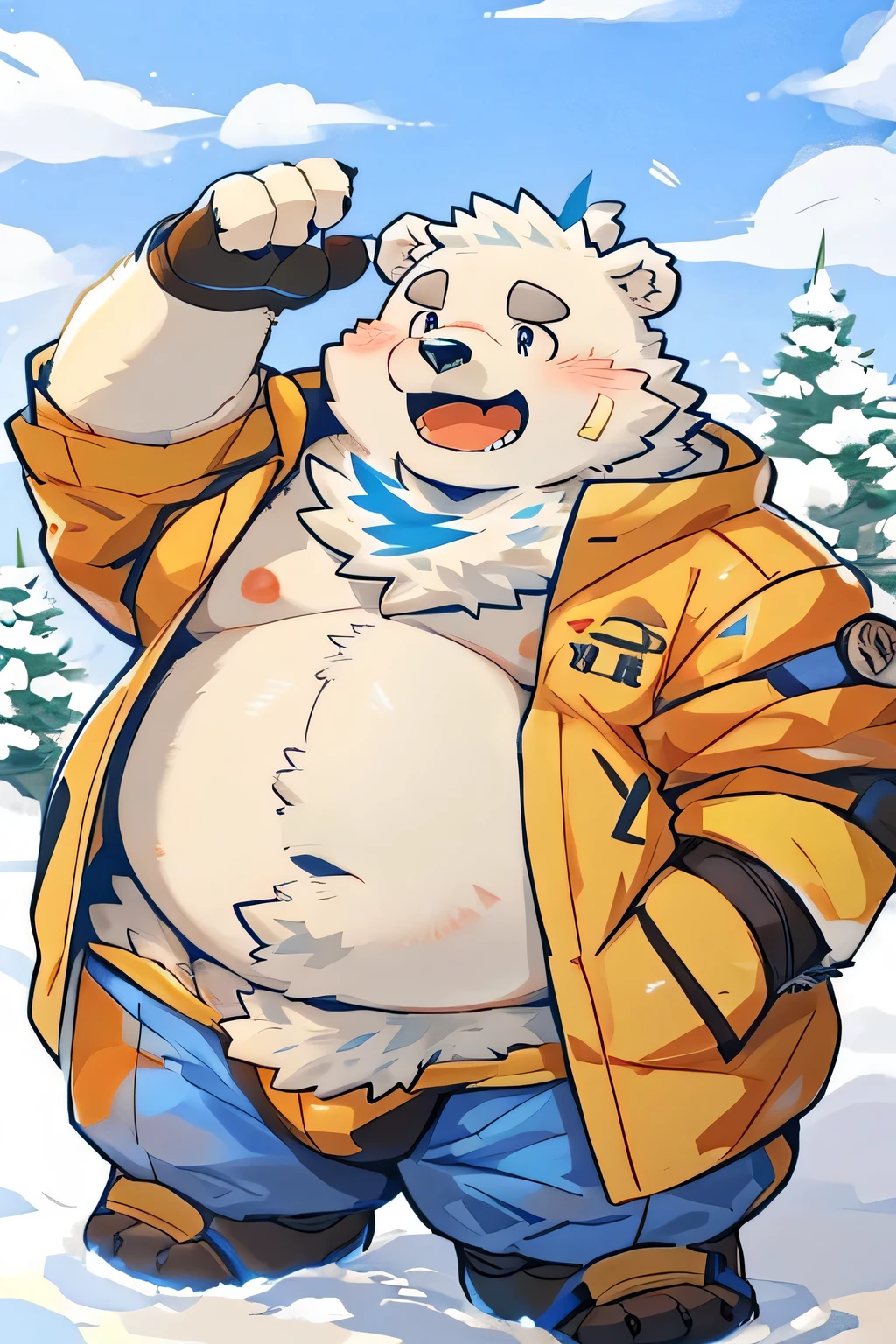 （@@By tulrang）Gained weight、Being overweight、Dog Beast Man、fur、Fluffy、 cute、（blush、 tired face、）Drooling、saliva、（（naked）））、 shot from a distance、 anime style、two boy、(Yohack and bear)、Playing in the snow