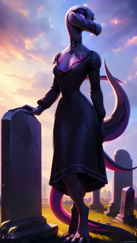 uploaded on e621, ((Salazzle)) by Pixelsketcher, by Bayard Wu, by Thomas Benjamin Kennington , by Einshelm, anthro, ((full body focus)), BREAK, ((dress:1.2)),wearing black victorian dress, long flowing dress, long sleeve victorian dress, dress flowing down past knees, black choker, (detailed Bonifasko lighting), (detailed scales), (detailed skin), (female Salazzle), BREAK, ((facing viewer)), (cinematic lighting), ((detailed background)), ((full body portrait view)), (((portrait view))), (half body shadow), [backlighting], [crepuscular ray], [detailed ambient light], [gray natural lighting], [ambient light on the belly], (higher wildlife feral detail), [sharp focus], (shaded), ((masterpiece), natural breasts, medium breasts, furry Salazzle, reptilian face, furry Fantasy Art, furry Art, Commission for High Res, anthro Art, POV furry Art,Sakimichan beautiful, masterpiece, best quality, detailed image, bright colors, detailed face, perfect lighting, perfect shadows, perfect eyes, girl focus, purple eyes, flawless face, reptilian girl, scales, scaled woman, colorful scales, gaze at the viewer, half-closed eyes, 1girl, full body, (masterpiece:1.21), (best quality:1.2), (illustration:1.2), (cinematic lighting:1.3), detailed scales, balanced coloring, global illumination, ray tracing, good lighting, scales, anthro, looking at viewer, short neck, (full body shot of woman in graveyard), submissive, outside, graveyard, (woman standing outside, woman standing in graveyard, woman next to tombstones), hand on tombstone, claws, (intricate details:1.12), (intricate details, hyperdetailed:1.15), hdr, outside, (daytime:1.2), warm light, dramatic light, cinematic, (full body:1.2), slight smile, blushing, ((black victorian dress, standing up, posing seductively, slight smile, full victorian dress, dress covering whole body))