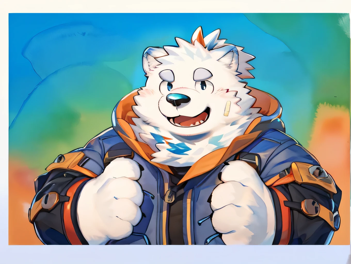 Scribble Wolf face, ((cute)),   anthro  (Wolf), ( greyish black fur :1.2),   comic style  , white beard, White abdomen, (Knight Outfit ,   long red cherry colored cloak by Arashi Takemoto), (close:1.5), Arashi Takemoto made ,  Milky Tiger Kamyuel  , by milkytiger1145, by 96panda, Generous Smile,  happy ,   open her mouth , (watercolor \( Medium \),   comic style  :1.2),Front View,   focus on face  ,  abstract background ,  fantasy,  Various colors,  colorful , 
  Embarrassing Face without shorts 