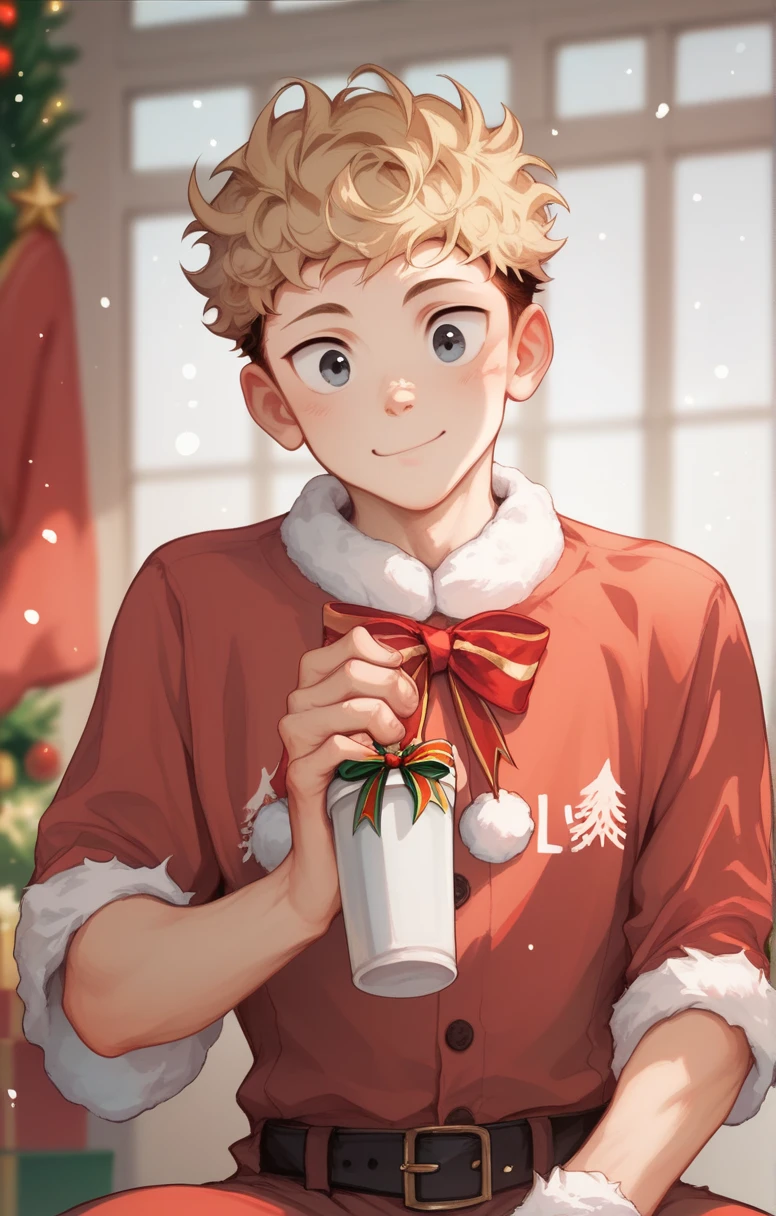  Cute young man twink with curly blond hair and black eyes wearing Christmas clothes