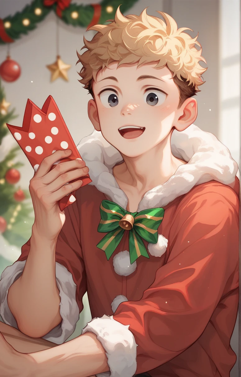  Cute young man twink with curly blond hair and black eyes wearing Christmas clothes