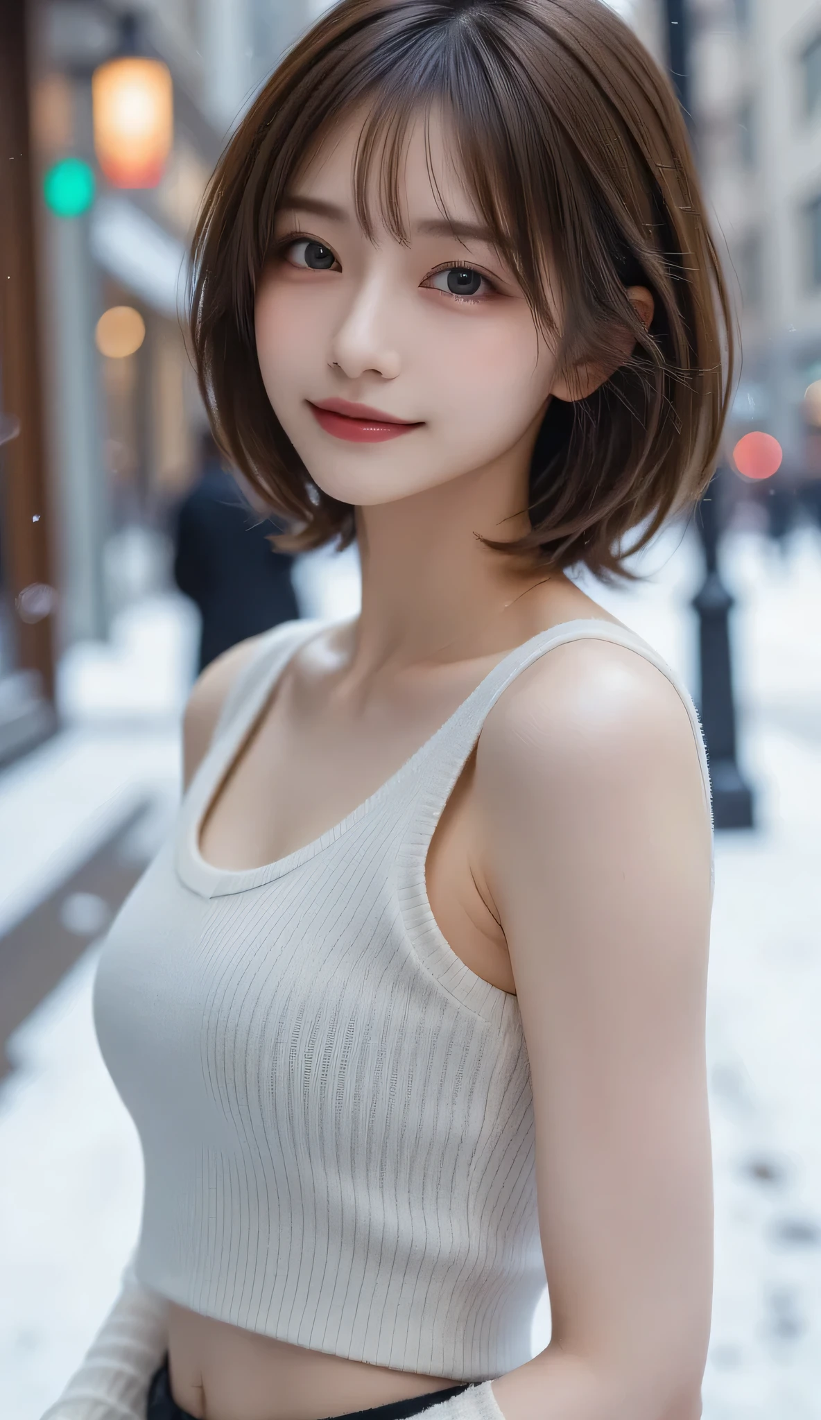 ((Best Quality, 8k)), Tanned Brown Skin, Delicate and Lifelike Beauty, 25 Years Old, Japan Idol, Solo, Big, Beautiful Woman in Perfect Style, Short Bob Hair, Black Hair, Front, Upper Body Up, Smile, White Teeth, See-Through Shirt, No Bra, Sunny Weather