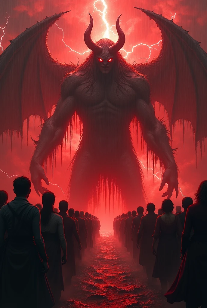 A demon representing kaliyug. Demon is laughing. Image include unsafe women and children, corrupt Indian politician,murder. Destruction is in background.