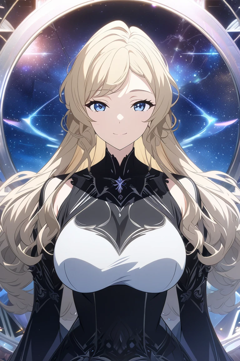 masterpiece,  top quality ,  High Definition CG Unity 8K Wallpaper , , super beautiful graphic design , One Girl ,  Anime Screenshot 、 depth of field , Ultra Detailed,Blonde, long hair, Big Breasts , has a young face,whole body, best smile ,Jet black dress,Celestial,goddess