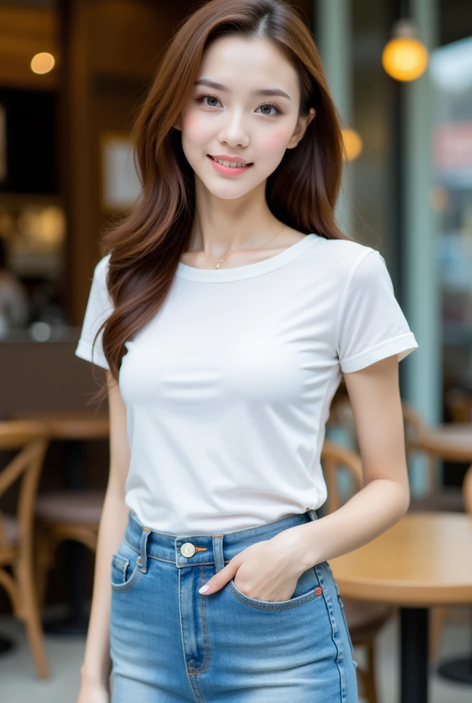 (超A high resolution,RAW Photos,8k,KHD,highest quality,masterpiece:1.5),(Intricate details,Realistically),One very beautiful woman, 30 years old, High resolution, Highly detailed face, (Professional Lighting,Bokeh),(Particles of light,Lens flare brilliance,Luminous Particles:0.6),Gentle soft lighting,Trendy atmosphere,Japanese,Street,Stylish side-wavy short hair,Bobohead, Brown haired, hair is delicate and soft,Spread your wings, Lips parted, mouth紅, Captivating smile, smile, mouth, teeth, There are small dimples,White Swan Neck,Shave your shoulders, Big Chest,(small,Golden ratio numbers),Please wear(Bluish gray)(Perfect fit,Slim fit,体にPerfect fit)Wearing a fashionable white shirt, (Wash Blue)(Fashion Jeans),(Attention to detail in the costumes:1.5), double eyelid,Long eyelashes, Birthmark, (Mole under the eye: 1), Big breasts and small waist,Beautiful ass,Calves are balanced, Thinness:1.2,Small white and soft jade legs,Beautiful toes:1.5,Wear branded fashion sandals:1.0,(Boldness,Coquettish,Playful and beautiful poses,Raised to be sexy,Attractions),Female-centered focus photography,Focus on the hips and crotch,Wide lighting,Natural Shadows,Wide Wide Shot,Close Focus,Full body shot:1.8,Full body photo:1.8
