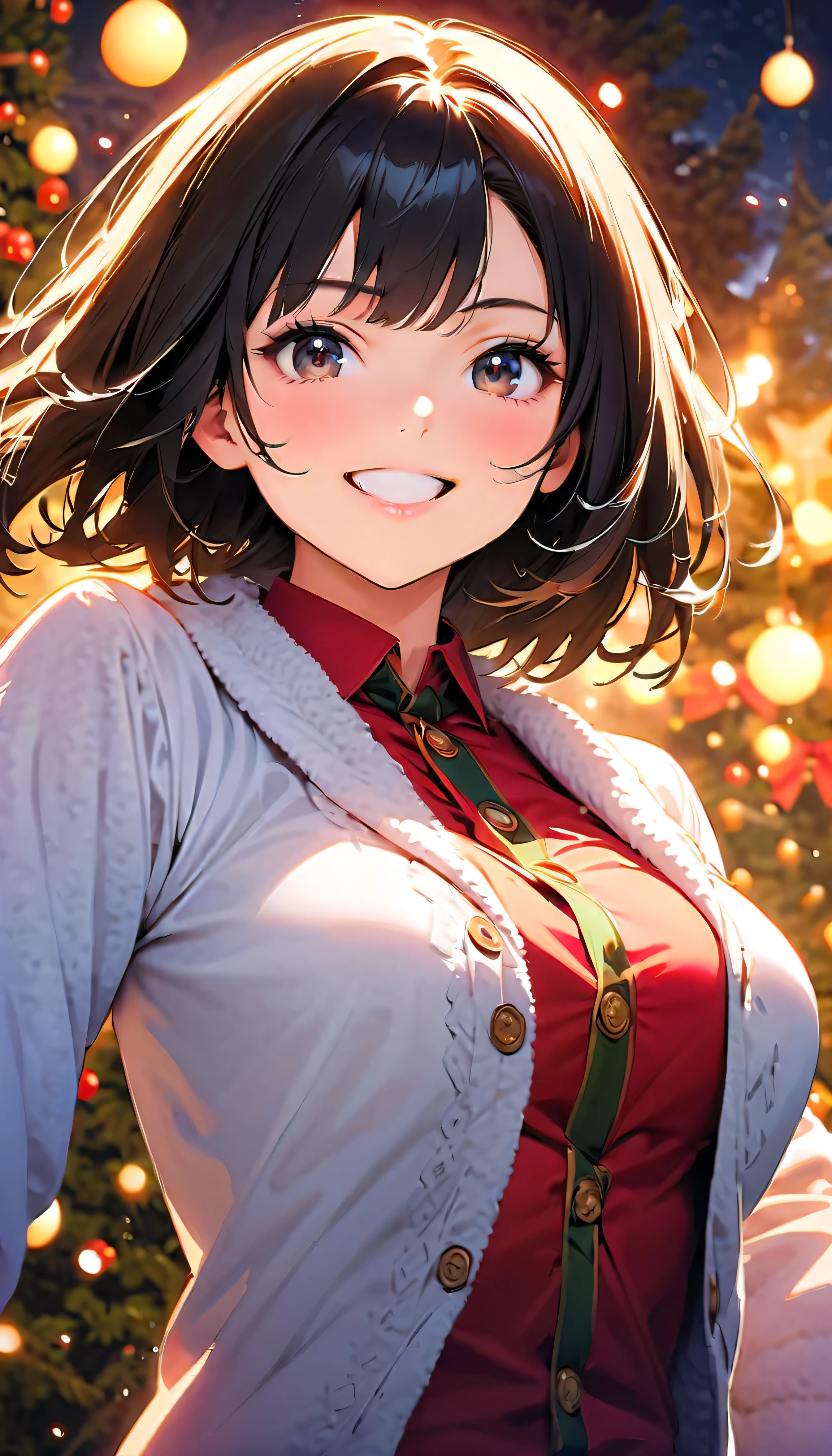( top quality:1.2, very detailed bust, Latest, vibrant, Masterpiece :1.2, top quality, best aesthetics) , Face Up Shot, ((( very detailed bust目と顔))), Official Art , 8k Ultra HD, very detailed bust, pop art , Delicate and dynamic, Blurred Background, Beautiful sparkle, Shining World, night view, christmas tree, Christmas Illuminations , Illumination Fantasy, backlight, one woman, 2.5D, smile, black eyes, black hair, Fluffy Winter Clothes , Get excited, dynamic pose, dynamic angle, Realistic
