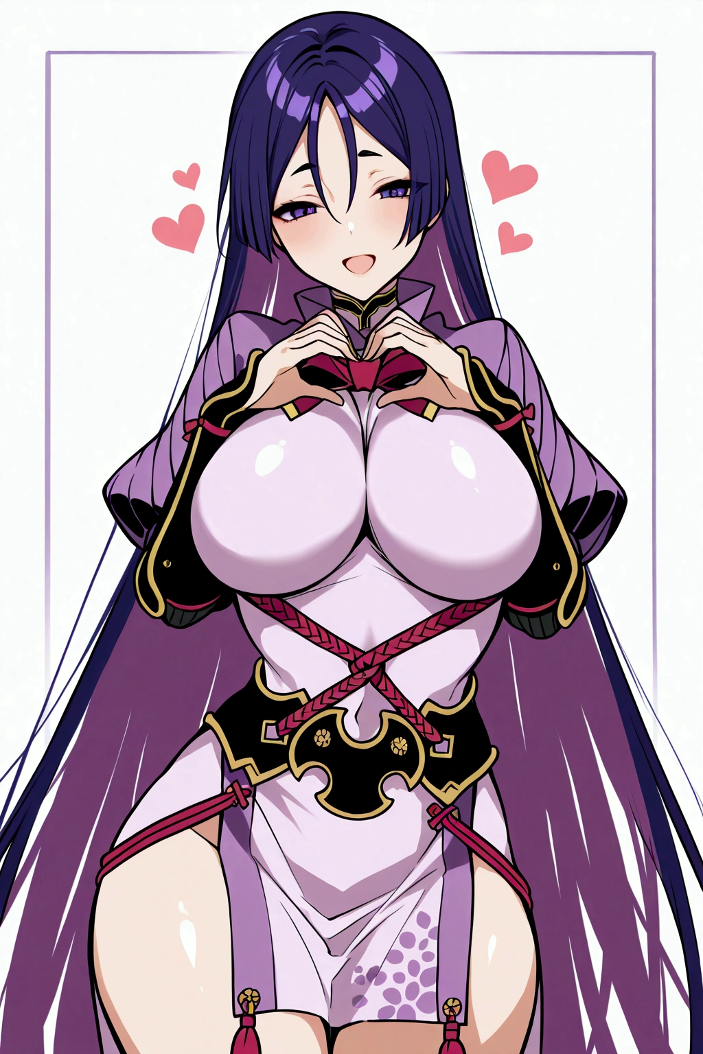 Solo, girl, Minamoto no raikou, minamoto outfit, long straight hair, purple hair, large soft and firm breasts, maternal look, thin waist, perfect hips, feminine position, hands upon her smile, eyes with heart, affectionate smile, violet eyes, hearts,long straight hair, happy open mouth, tall,   perfect scene , Masterpiece, score 9, anime colors, AMERICAN SHOT, beautiful, composition, HARMONY, high quality ,beautiful