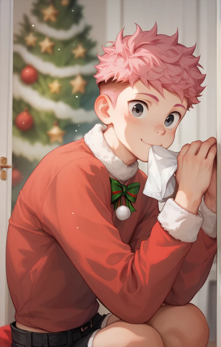  Cute young man twink curly pink hair and black eyes wearing Christmas clothes