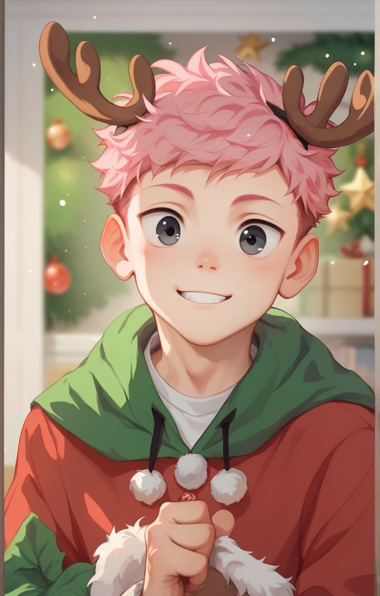  Cute young man twink curly pink hair and black eyes wearing Christmas clothes