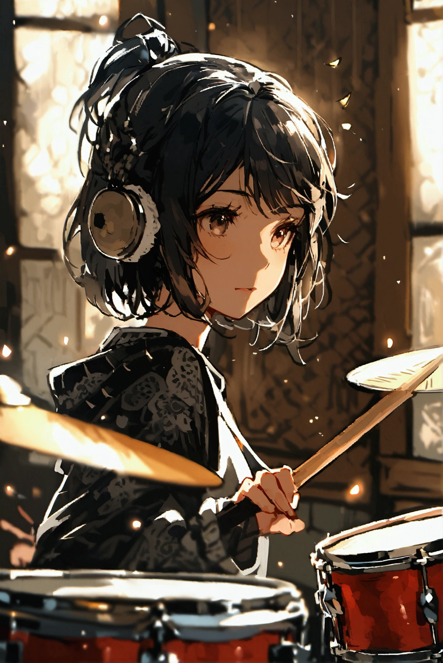 Black Haired Ponytail hits the drum