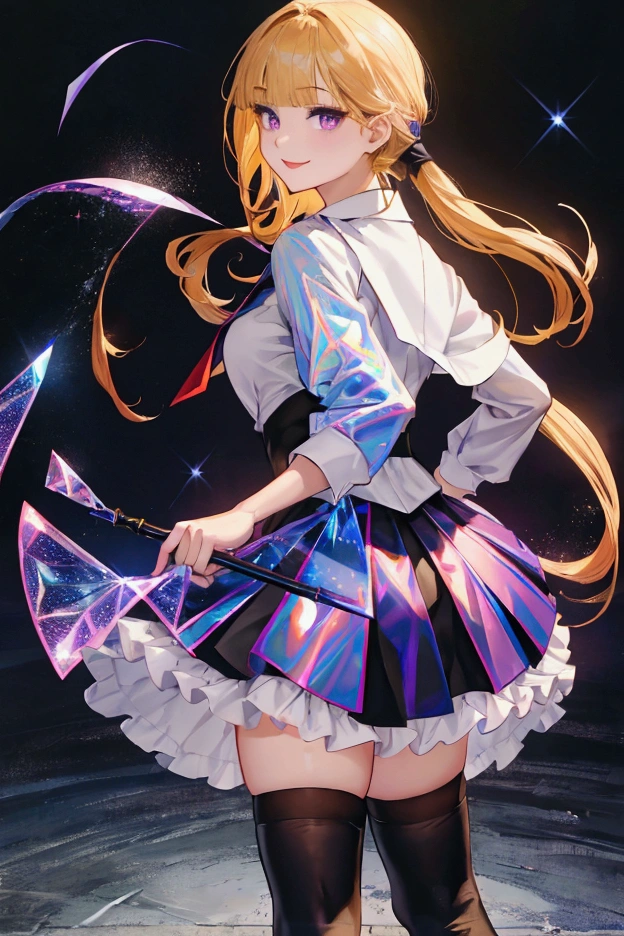 realista, 1 chica, asuna ,anime sword art online ,Holographic hair, heterochromic eyes, Ojos brillantes, holographic dress top, short holographic skirt, labios partidos, rubor, noche, rosas blancas, pasteles, Brillantina, standing position with her miniskirt raised showing her buttocks to the camera