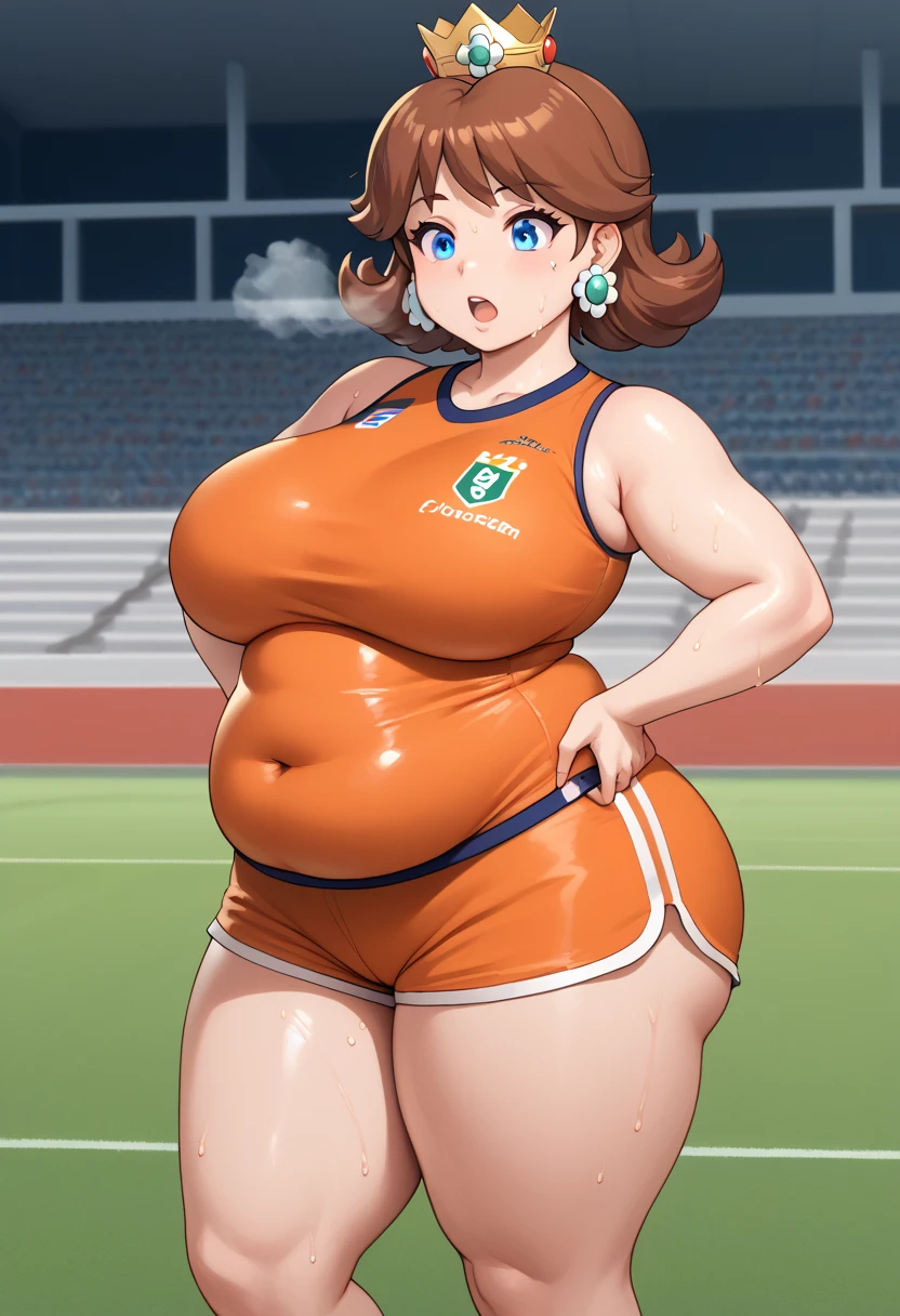 Daisy, brown hair, blue eyes, flower earrings,small crown, number 8 soccer uniform, orange croptop, orange shorts, midriff, number 8, standing, sweaty, exhausted, hand on hips, soccer field, science fiction, outdoors, (insanely detailed, masterpiece, best quality), sweating profusely, exhausted, breathing, open mouth, steam coming out of her mouth, tight red gym shorts, tight red gym tank top, hands on hips, dripping sweat, dripplits of sweat on the floor, puddle of sweat, thick, obese, soft belly, chubby, wide hips, sexy hips, half body, big belly, thicc thighs, side view,  out of breath, short hair, neck length hair, sleeveless 