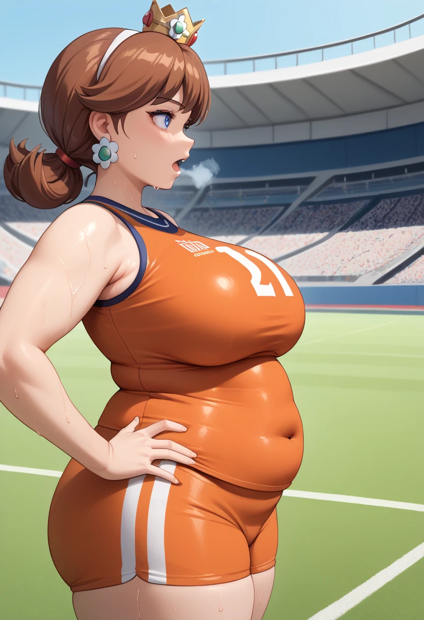 Daisy, brown hair, blue eyes, flower earrings,small crown, number 8 soccer uniform, orange croptop, orange shorts, midriff, number 8, standing, sweaty, exhausted, hand on hips, soccer field, science fiction, outdoors, (insanely detailed, masterpiece, best quality), sweating profusely, exhausted, breathing, open mouth, steam coming out of her mouth, tight red gym shorts, tight red gym tank top, hands on hips, dripping sweat, dripplits of sweat on the floor, puddle of sweat, thick, obese, soft belly, chubby, wide hips, sexy hips, half body, big belly, thicc thighs, side view,  out of breath, short hair, neck length hair, sleeveless 