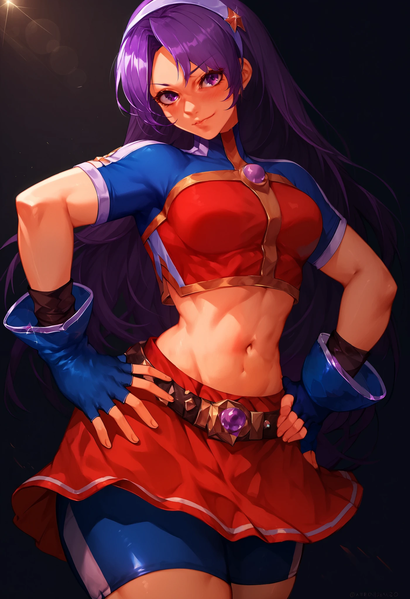 ATHKOF2002, purple hair, long hair, purple eyes, white hairband, blue sleeves, pearl (gemstone), short sleeves, red top, belt, fingerless gloves, navel, red skirt, biker shorts,  blush, solo, seductive pose, qu34sy,cowboy shot, midriff,beautiful detailed face,thick thighs, one hand on hip,other had on hair