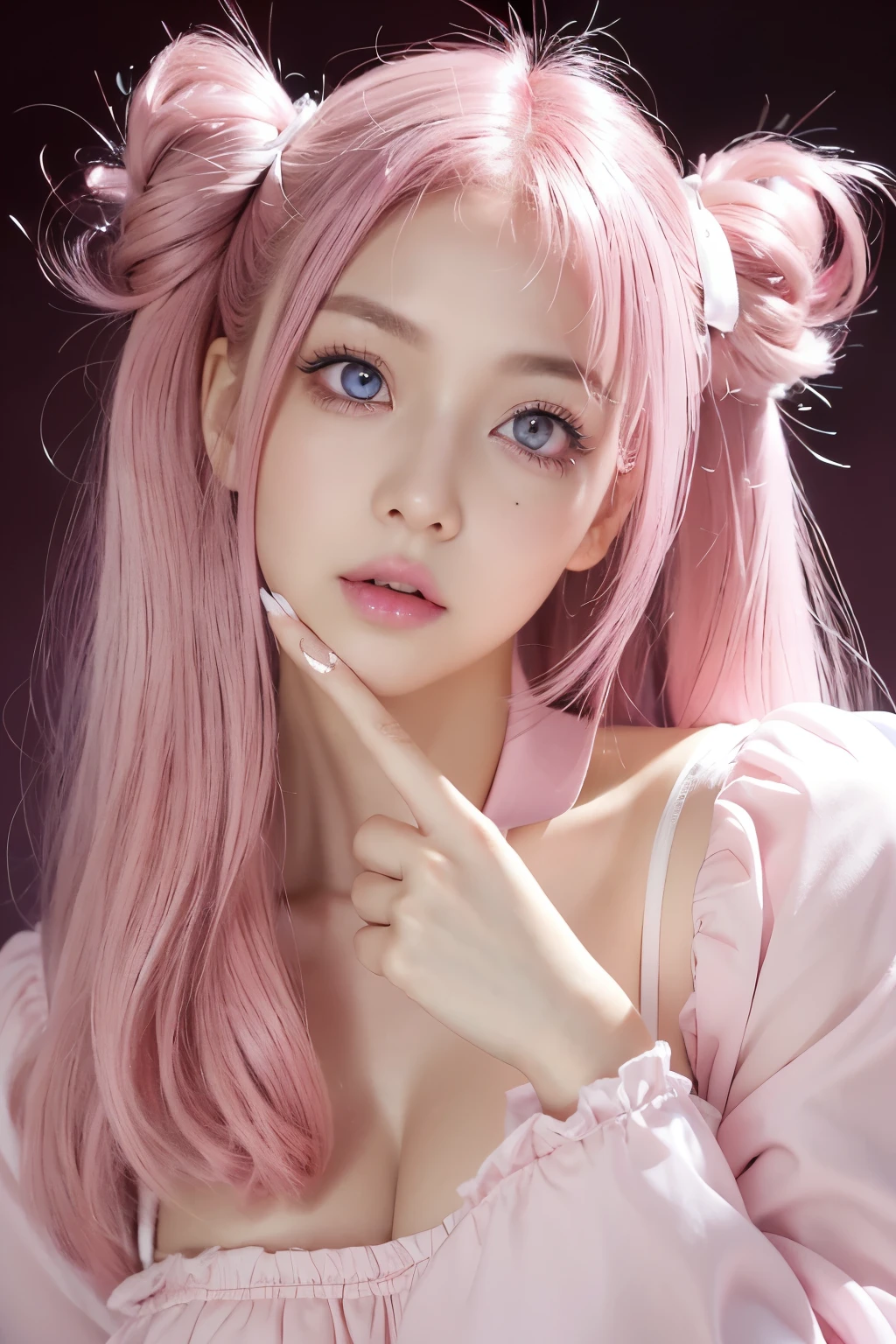 ((( pink eyes)))Dark pink hair（Curly hair in twin tails）Pink eyes like the eyes of a big cat((Bewitching beauty))角度の強いhanging eyes、(( Quiet pose with one finger on her lips )) large dark pink eyes with beautiful white skin １Woman Smiling 、((hanging eyes)) beautiful women with well-groomed faces wear flashy ruffled dresses、Dark pink dyed twin tail hair 、 big dark pink eyes hanging like cat eyes、Close your mouth and look at viewer 、((dark pink contacts ))Thin face（痩せているBewitching beauty）、（dark pink iris）