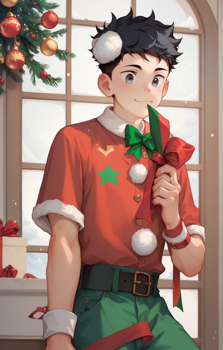  Cute young man twink curly pink and black hair and black eyes wearing Christmas clothes