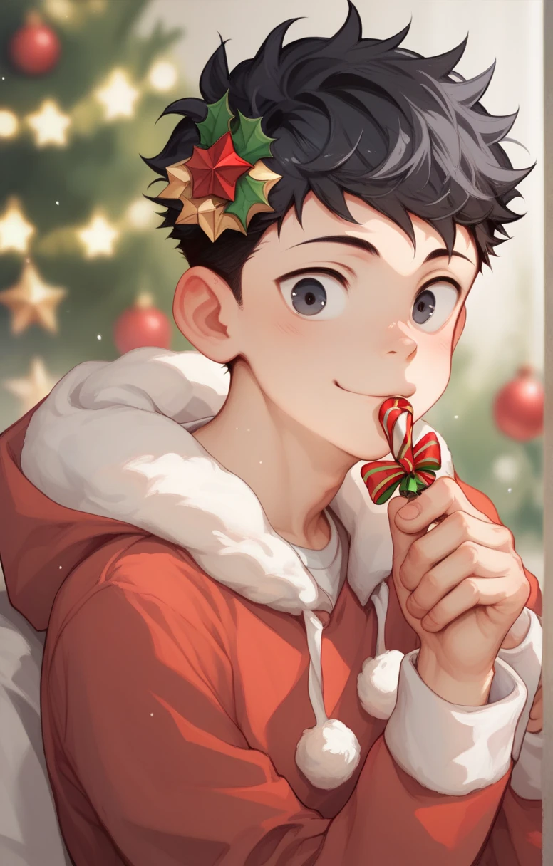  Cute young man twink curly pink and black hair and black eyes wearing Christmas clothes