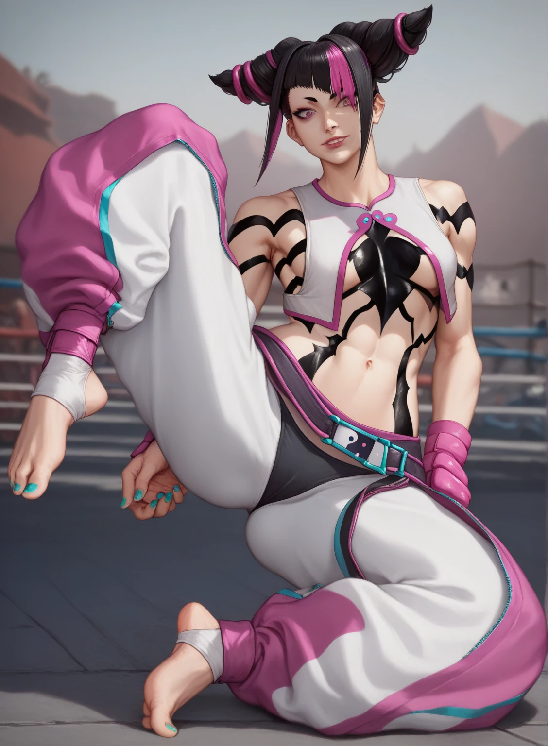 ((juri han)), ((masterpiece)), ((photorealism)), {(athletic figure), (toned body), (eccentuated curves), (turquoise painted nails), (black hair), (two toned hair), (hair horns), (pink and turquoise eyes), (pink right eye), (heterochromia)}, {(body paint), (white vest), (navel), (baggy pants), (white tights), (black panties over pants), (pink fighting gear), (stirrup)}, {(leg and foot raised), (looking at viewer)}