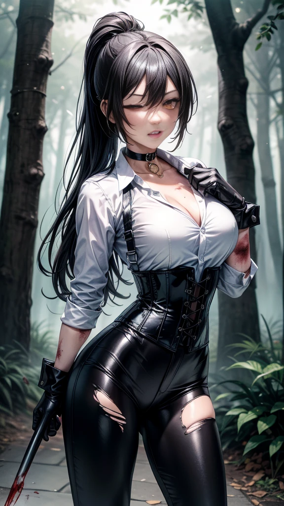 ((blood droplets)), ((blood)), ((blood splatter)), ((blood on clothes)), ((blood stain)), Masterpiece, Beautiful art, professional artist, 8k, Very detailed face, Detailed clothing, detailed fabric, 1 girl, front view, standing, BIG BREASTS, perfectly drawn body, shy expression, pale skin, beautiful face, long black hair, 4k eyes, very detailed eyes, pink cheeks, choker:1.6, (white long sleeve button down shirt with white collar), black gloves, gloves that cover hands, (holds an ax with his right hand), (black leather corset), (shiny black leggings), Sensual Lips, show details in the eyes, looking at the viewer, dark forest, Atmosphere, fog, At night
