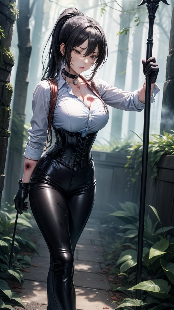 ((blood droplets)), ((blood)), ((blood splatter)), ((blood on clothes)), ((blood stain)), Masterpiece, Beautiful art, professional artist, 8k, Very detailed face, Detailed clothing, detailed fabric, 1 girl, front view, standing, BIG BREASTS, perfectly drawn body, shy expression, pale skin, beautiful face, long black hair, 4k eyes, very detailed eyes, pink cheeks, choker:1.6, (white long sleeve button down shirt with white collar), black gloves, gloves that cover hands, (holds an ax with his right hand), (black leather corset), (shiny black leggings), Sensual Lips, show details in the eyes, looking at the viewer, dark forest, Atmosphere, fog, At night