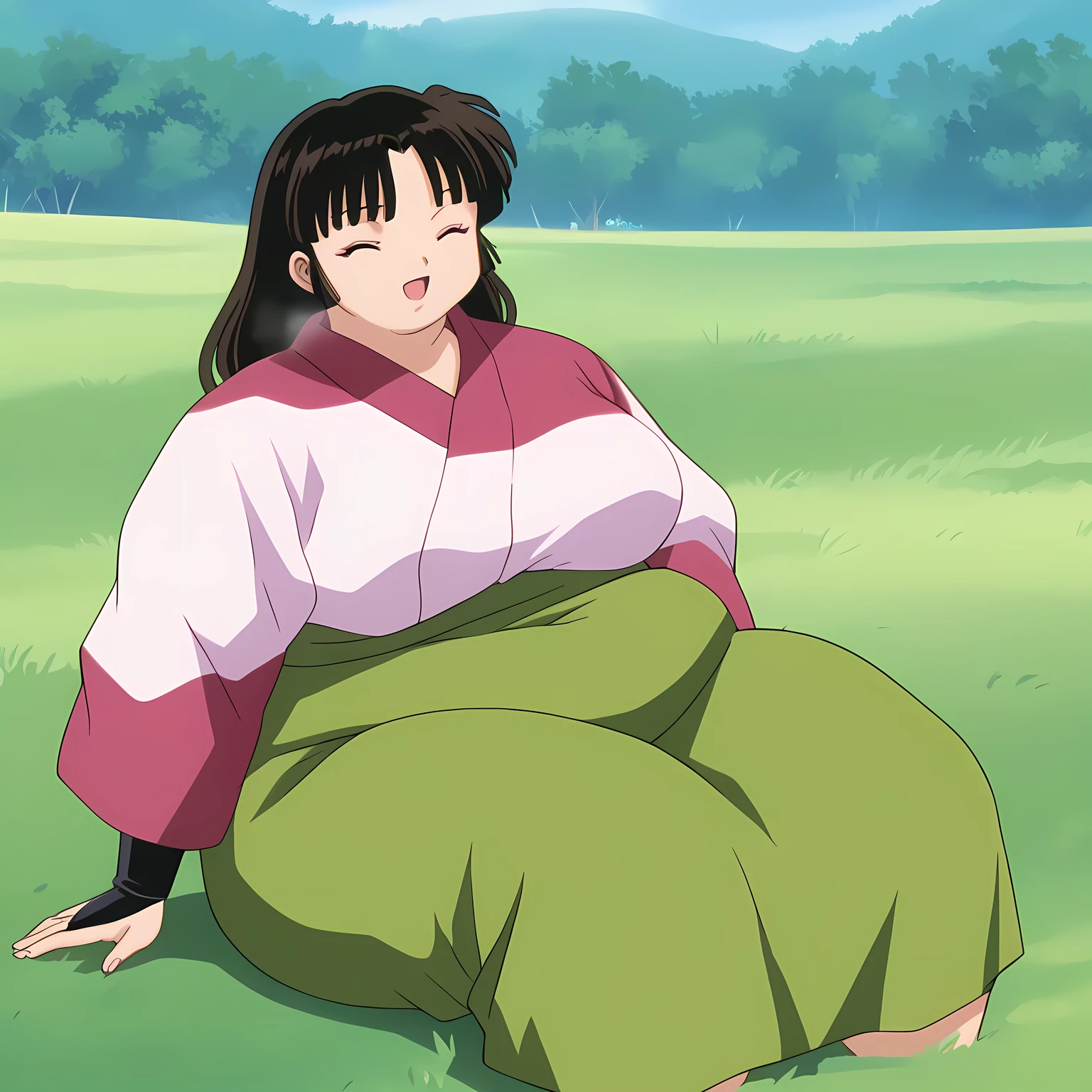 anime screencap, score_9, score_8_up, score_7_up, source_anime BREAK sango, 1girl, solo, brown hair, parted bangs, low-tied long hair, brown eyes, outdoors, grass, day, sky BREAK sitting, pink kimono, green long skirt, black bridal gauntlets, looking at viewer, closed mouth, smile fat, chubby, obese, gigantic arms and legs, large breasts open mouth, out of breath