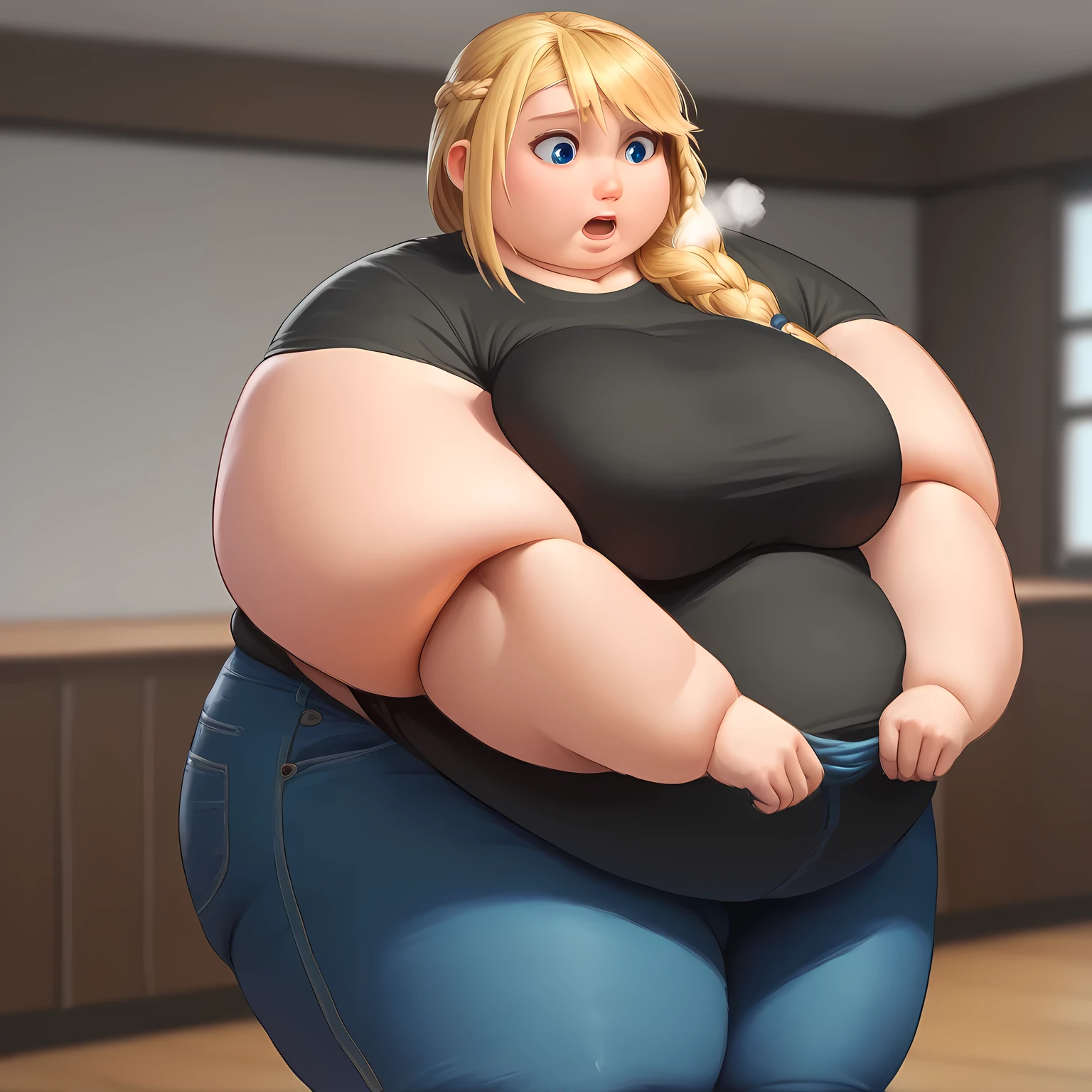 score_9_up, BREAK, ASTRIDHOFFERSON, 1girl, solo, blonde hair, braid, Long hair, blue eyes, black shirt, jeans, indoors, depth of field,  cowboy shot,fat, chubby, obese, gigantic arms and legs, large breasts open mouth, out of breath