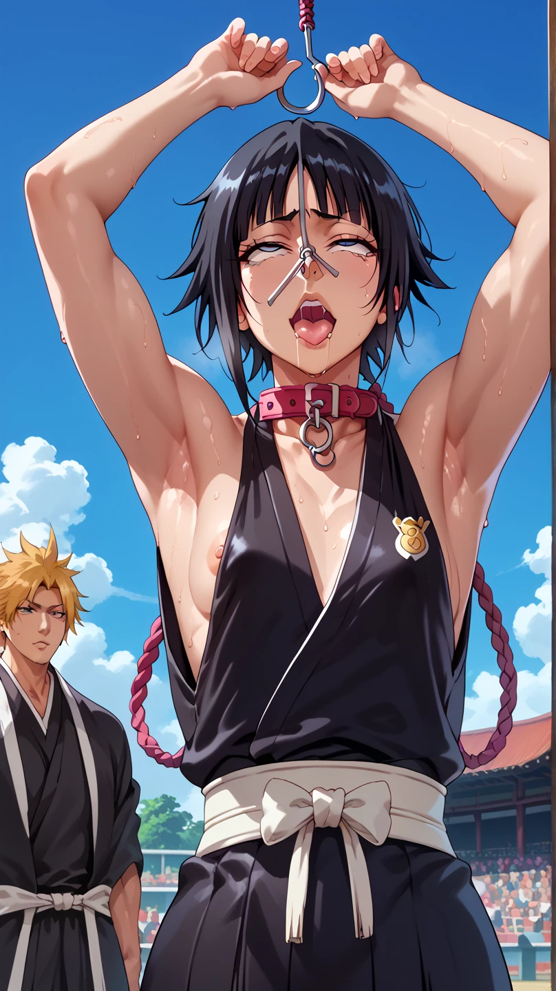 a picture, inspired by Kentaro Miura, trending on pixiv, soifon from bleach, black uniform, favorite scene, fine details, skins, sweating, small breasts, both hands raised, armpits, (small head),armpits visible, dripping with sweat, more more sweat, ((Japanese clothes)),open mouth,rolling eyes,muscle,kneel down,open legs,For the audience, (muscle:1.2),Looking at the audience, tired, (small breasts),sexy body,perfect body,(drooling), tears, head wet, runny nose, black hair, (dog collar) ,transparent nose hook.