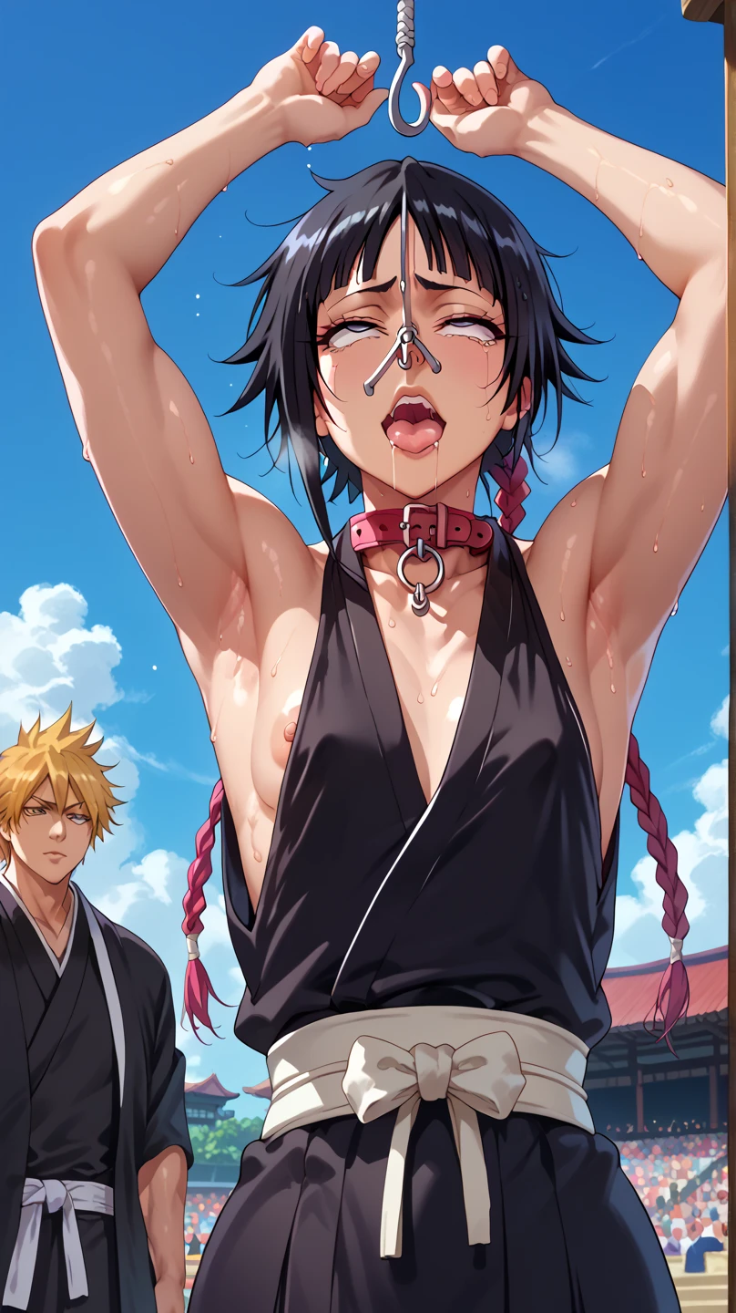 a picture, inspired by Kentaro Miura, trending on pixiv, soifon from bleach, black uniform, favorite scene, fine details, skins, sweating, small breasts, both hands raised, armpits, (small head),armpits visible, dripping with sweat, more more sweat, ((Japanese clothes)),open mouth,rolling eyes,muscle,kneel down,open legs,For the audience, (muscle:1.2),Looking at the audience, tired, (small breasts),sexy body,perfect body,(drooling), tears, head wet, runny nose, black hair, (dog collar) ,transparent nose hook.