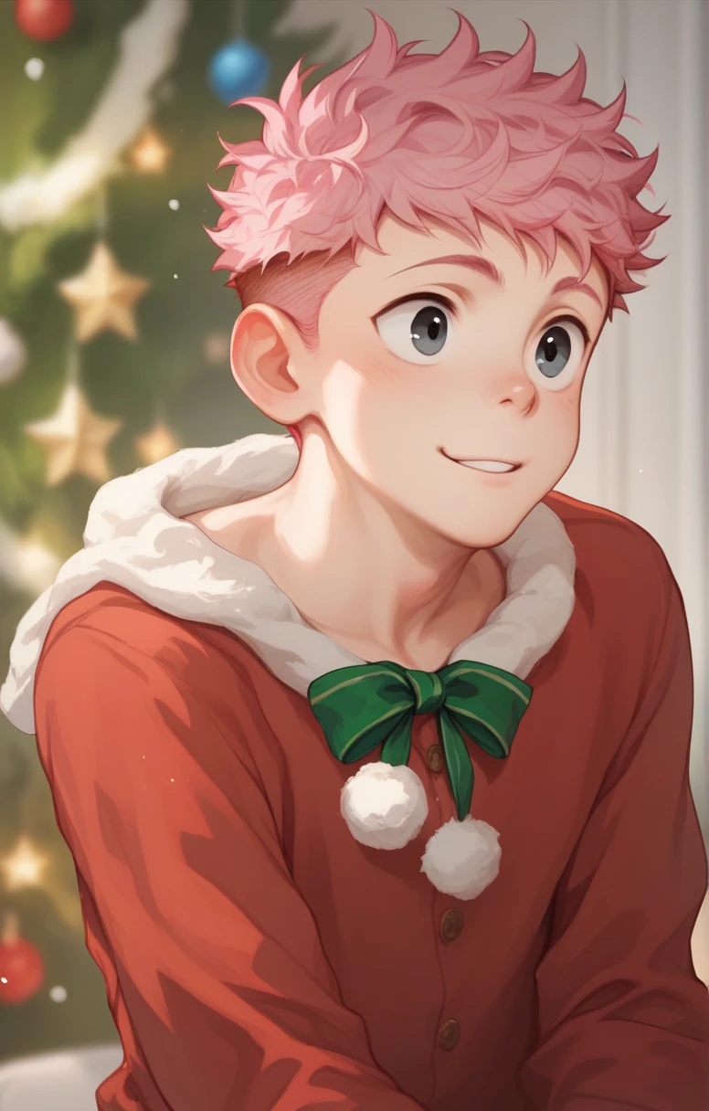  Cute young man twink curly pink hair and black eyes wearing Christmas clothes