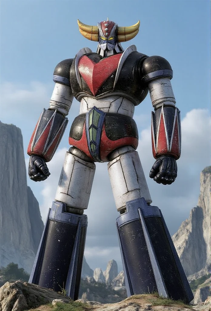  constructed with modern materials such as steel ,  Carbon Fiber ,  other industrial elements are also visible ,  just like the real thing ,  with visible welds applied to its surface I'm , bolt,  realistic texture , .  Iconic features such as the chest plate and head have been carefully recreated.  set in a modern industrial environment ,  the appearance of Mazinger Z standing around ,  illuminated by natural light 、 huge structures highlighted with realistic shadows . 