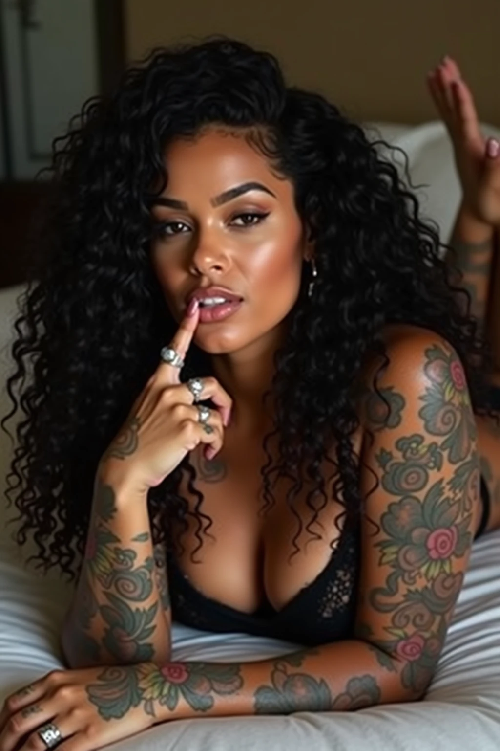 There is a woman with a very large chest and a very large breast, quanto, thick lips, rosto sexy with full makeup, rosto sexy, with black braids, com pele morena, brincos enormes e maquiagem estranha, jovem negra, piercing de septo, maquiagem extravagante grossa, jovem negra, ela tem pele morena oliva, gesto de pose sexy pudica
