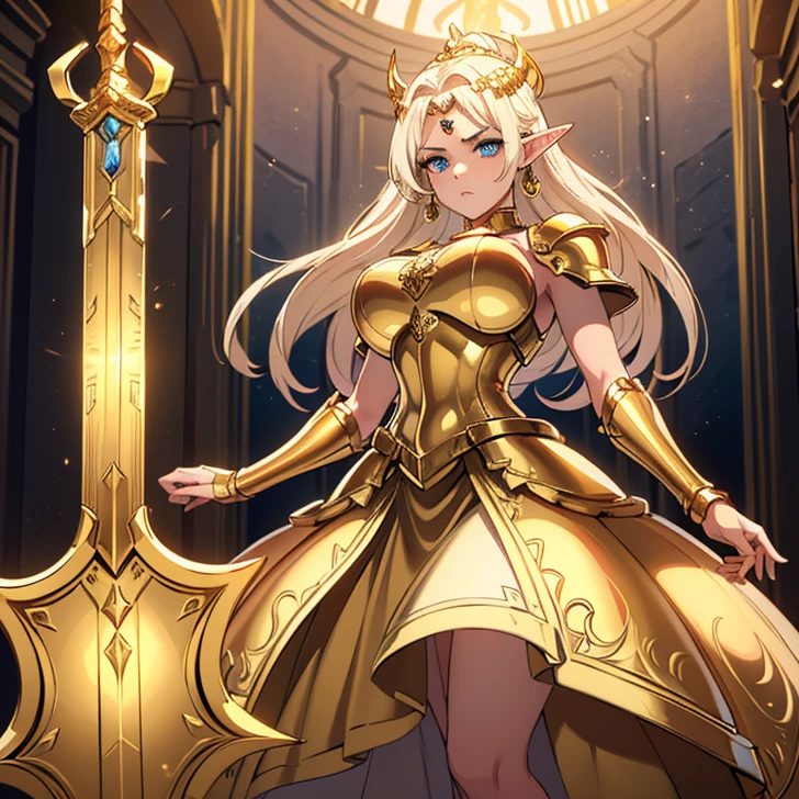 Design a layout showcase Gaming character, ((1girl)), sorcerer:1.2, Golden+Purle clothes, stylish and unique, ((showcase weapon:1.4)), magic staff, (masterpiece:1.2), (best quality), 4k, ultra-detailed, (Step by step design, layout art:1.5), (luminous lighting, atmospheric lighting), Final Fantasy style, magican, ((glove full hands)), fran, viera, (((revealing clothes:1.3))), vambraces, armored legwear, (((full_body_shot:1.4))), Niji, back_view, T_pose